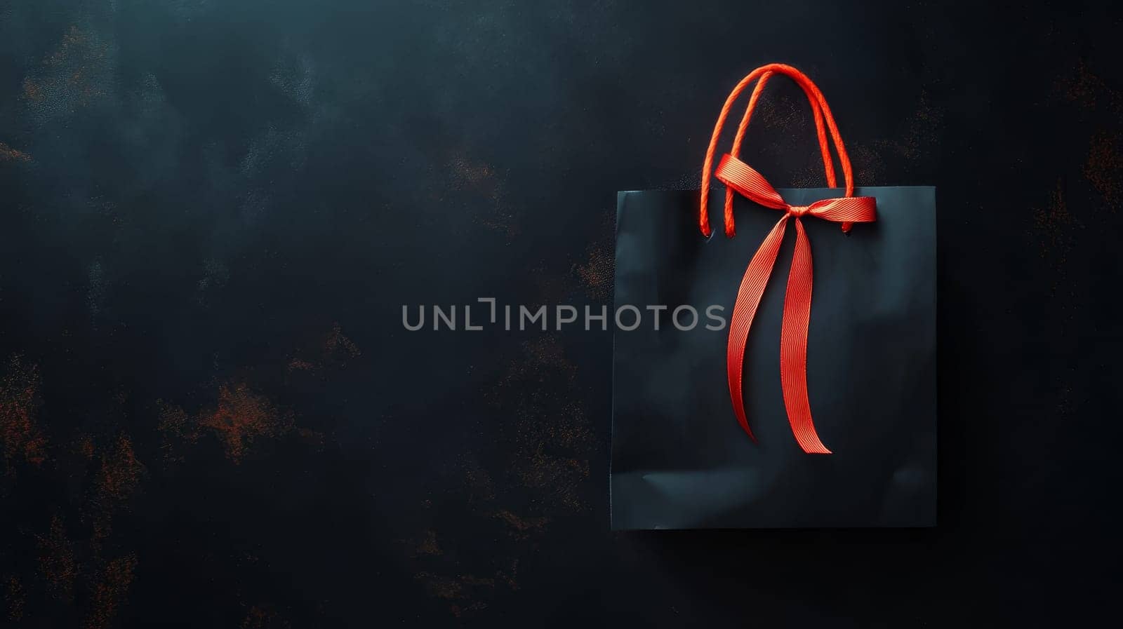 A stylish black gift bag adorned with a vibrant red ribbon, set against a dark background with ample copy space. Black Friday sale concept with place for text.