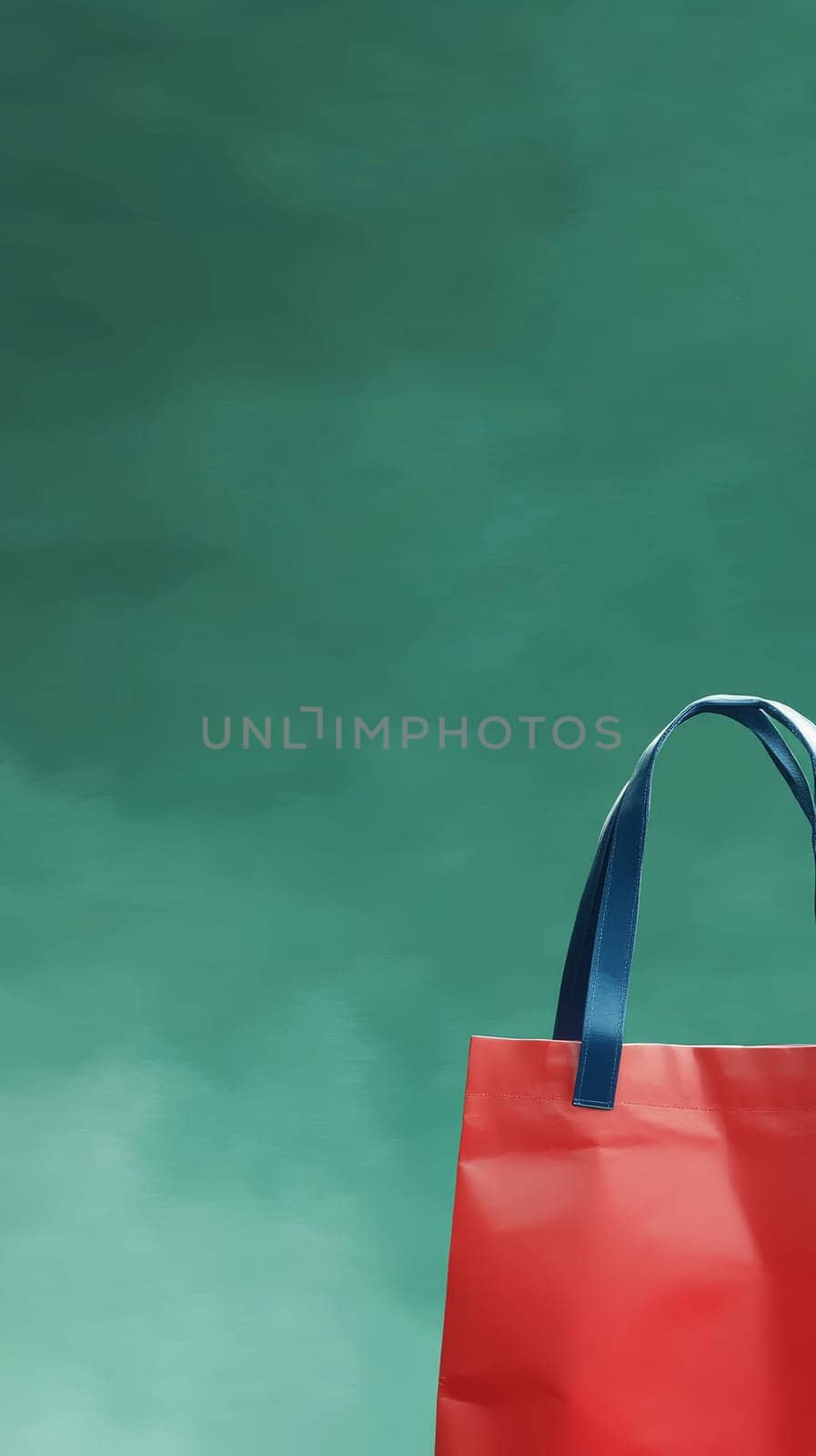 Red shopping bag with blue handles against a green background, ideal for marketing and branding with copy space. Black Friday sale concept with place for text.