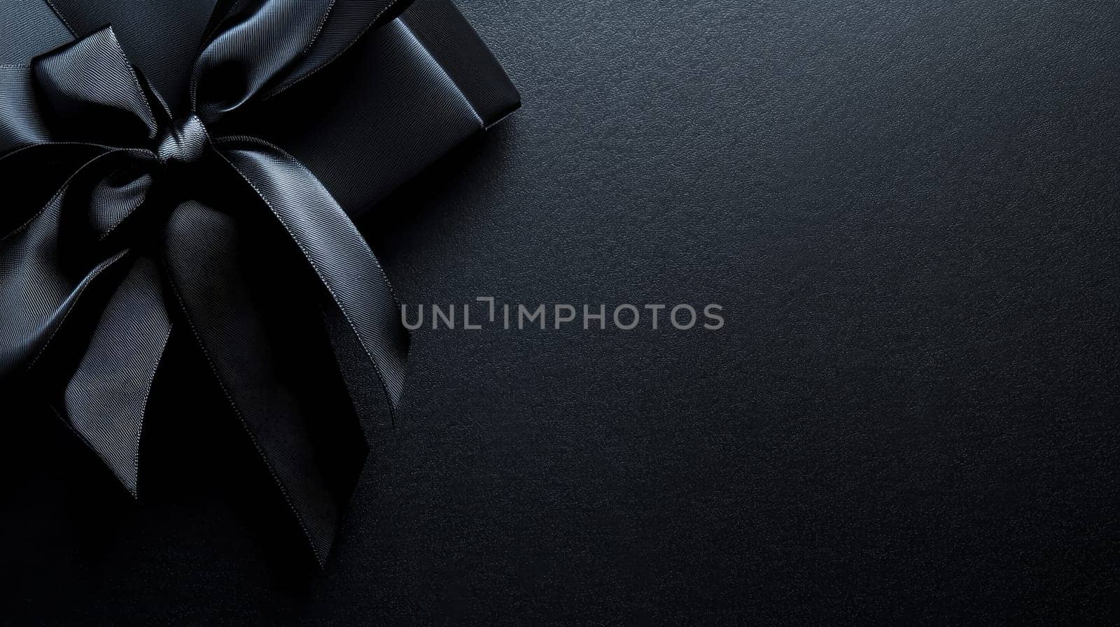 A luxurious black gift box with a satin ribbon on a dark background, perfect for special occasions and celebrations. Black Friday sale concept with place for text.