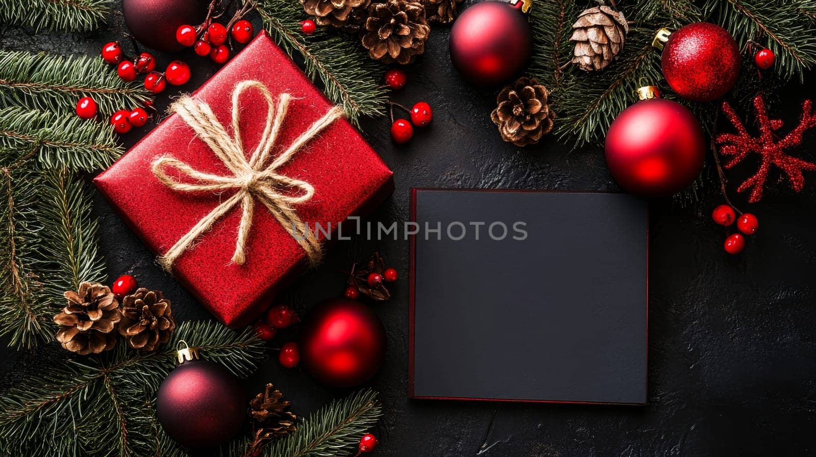 Red Christmas gift box with decorations and pine branches, creating a festive holiday atmosphere, with copy space.