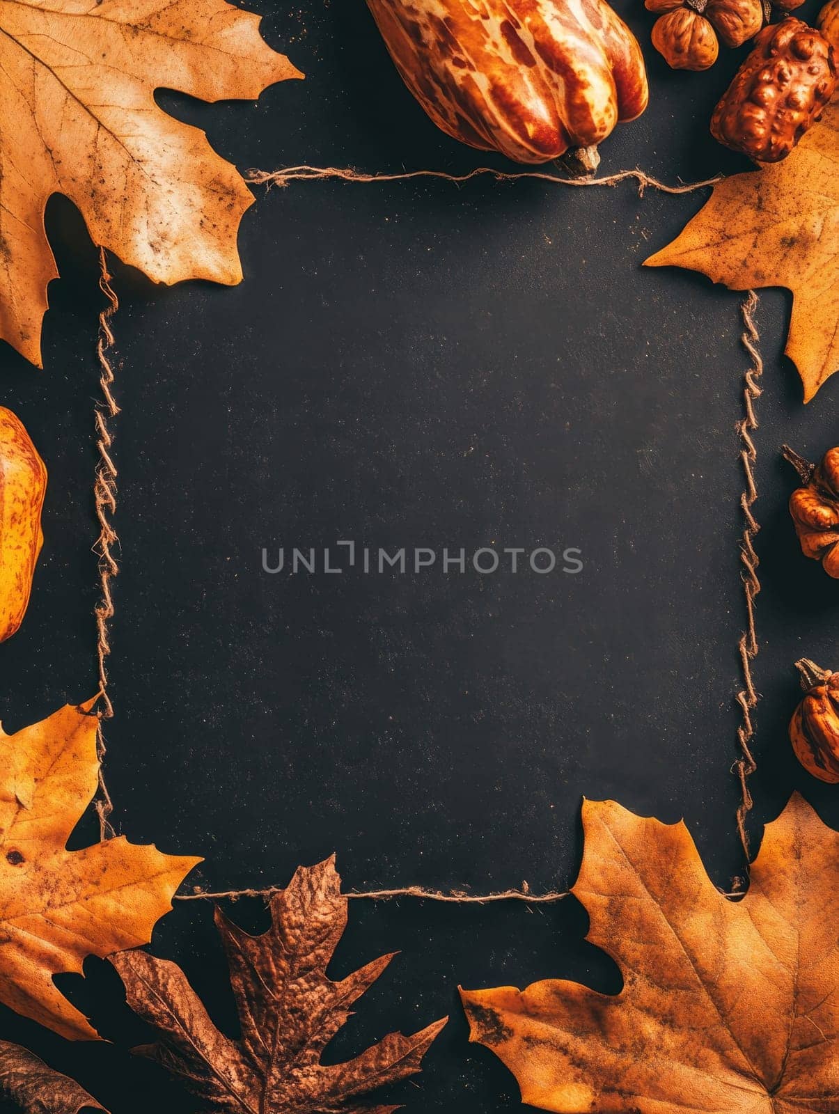 Autumn leaves and gourds on a dark background, creating a dramatic fall scene with space for text.