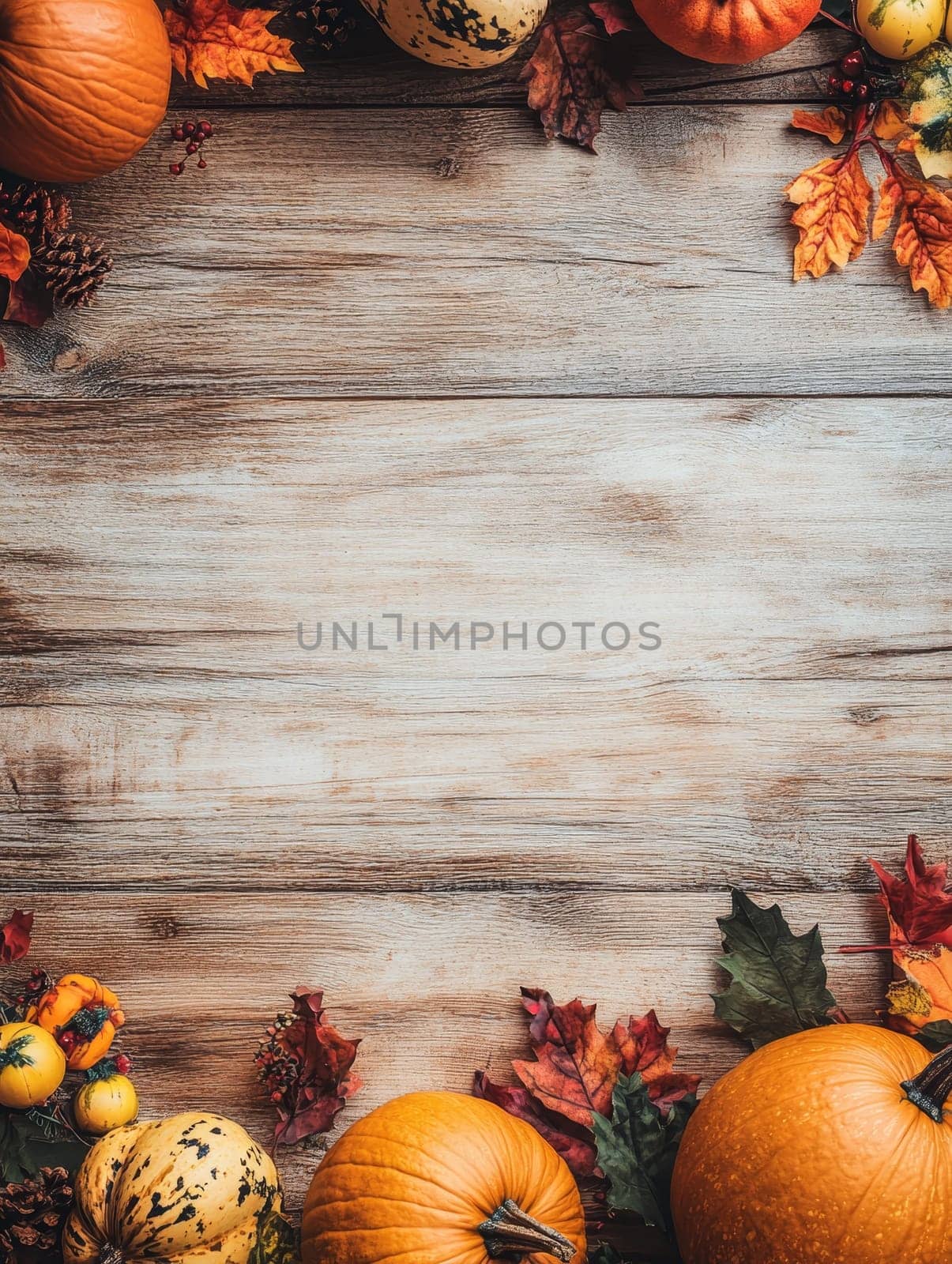 Pumpkins and leaves arranged on a wooden background, perfect for fall themed designs with copy space.