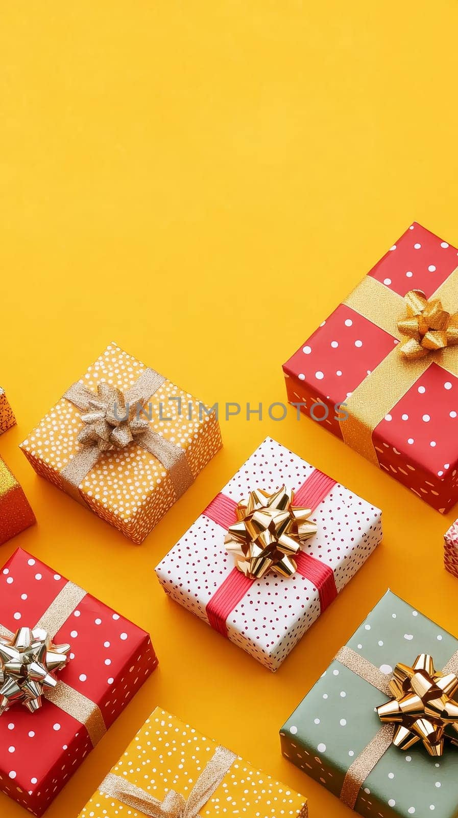 Colorful festive gift boxes with decorative bows on a yellow background, ideal for celebrations with empty place for text.