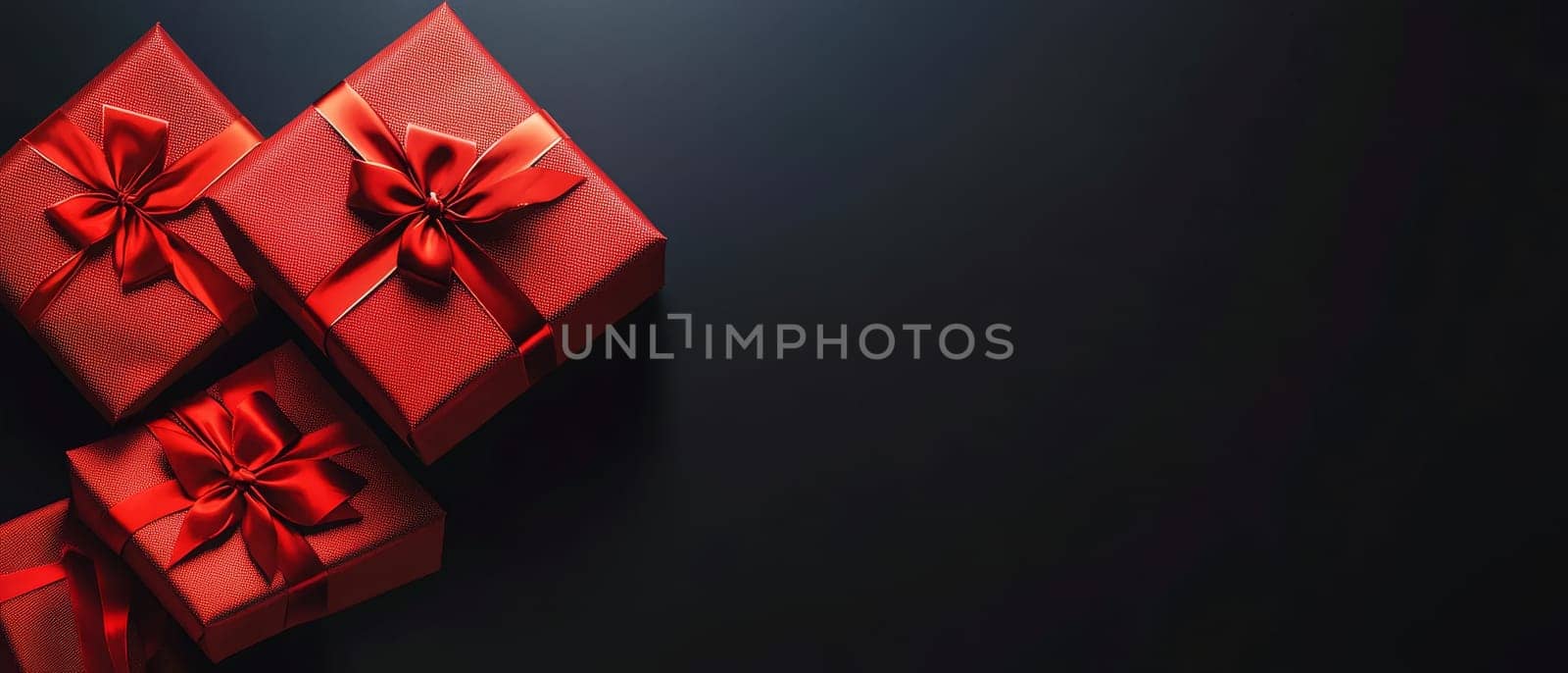 Elegant red gift boxes adorned with ribbons on a black background, perfect for celebrations and holidays with place for text.