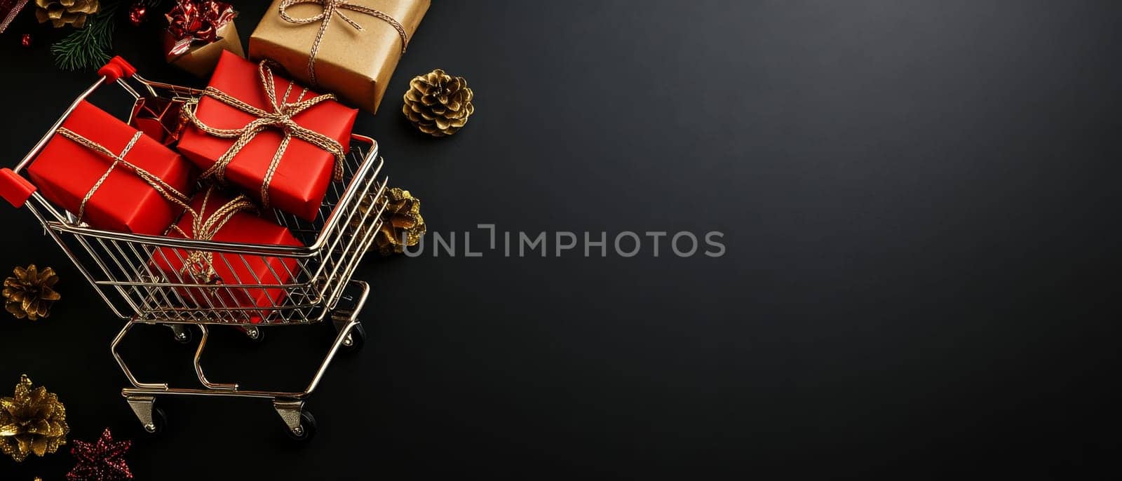 Shopping cart filled with gifts on a black background, offering ample copy space for holiday promotions. Black Friday sale concept with empty place for text.