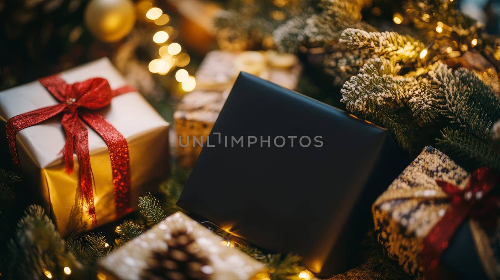 Beautifully wrapped Christmas gifts with sparkling lights and decorations under a Christmas tree.
