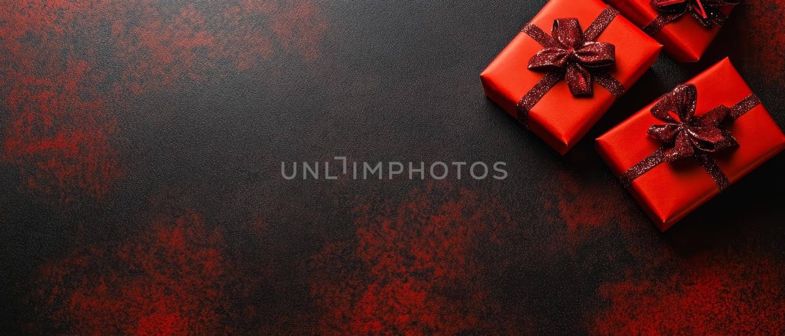 Red gift boxes with glittery bows on a dark, textured background, featuring ample copy space for text.