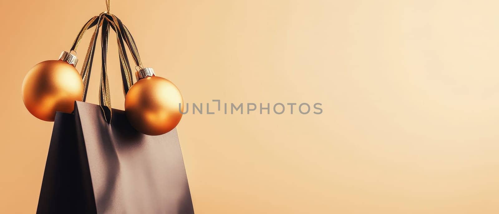 Black gift bag adorned with golden ornaments, set against a warm background, ideal for holiday branding.