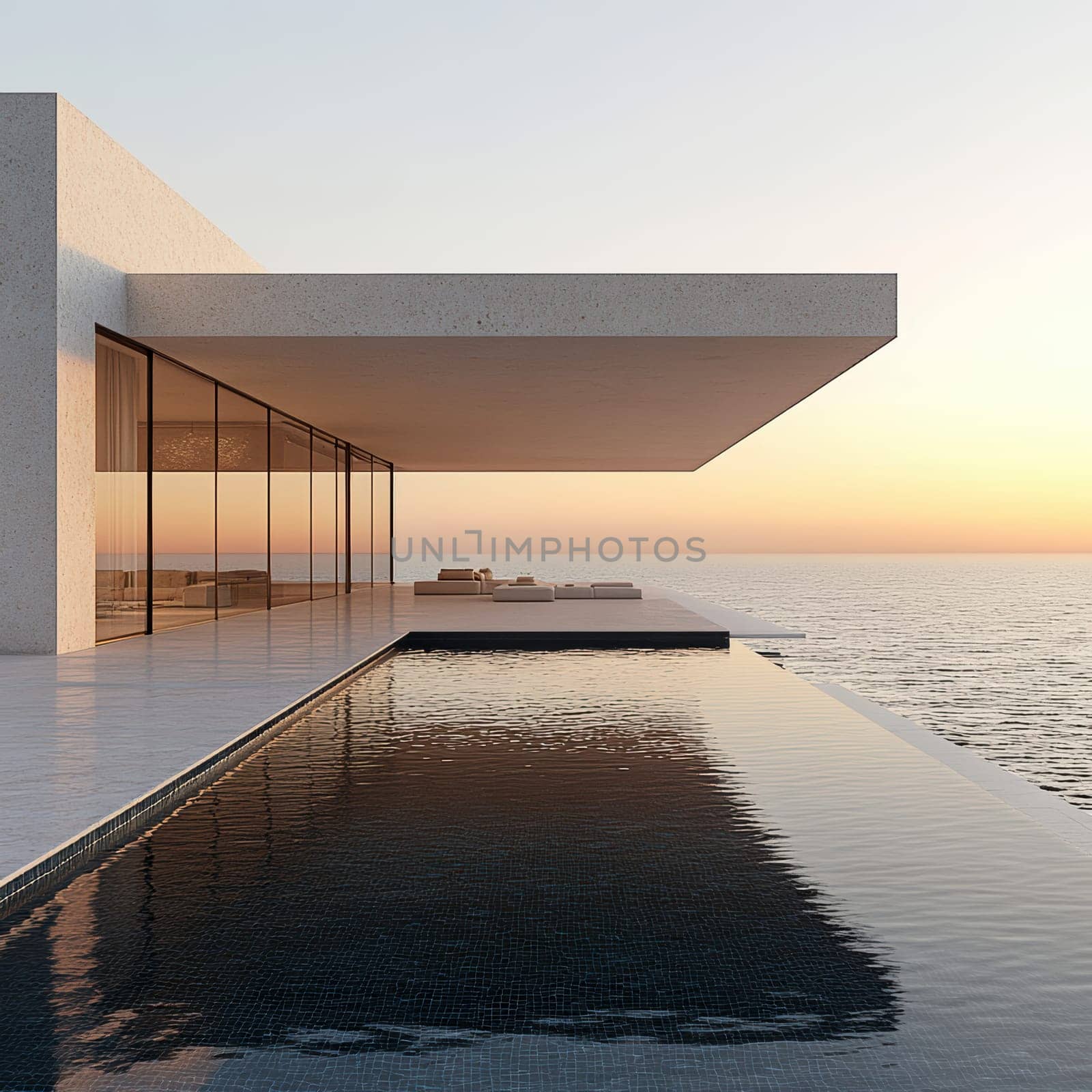 minimalist villa with sea in dawn . AI generative.