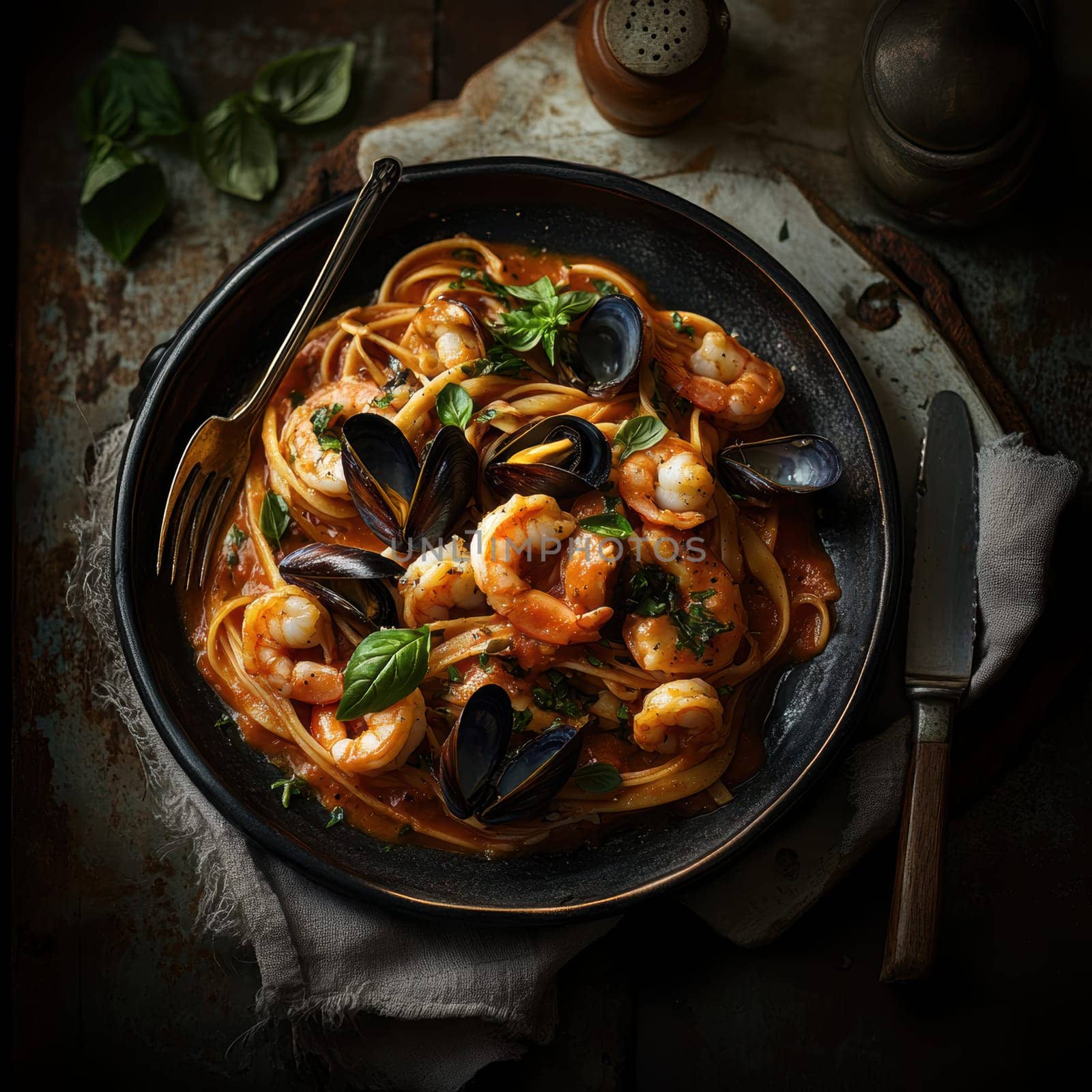 Pasta with seafood in tomato sauce, and shrimp and clams. AI generative.
