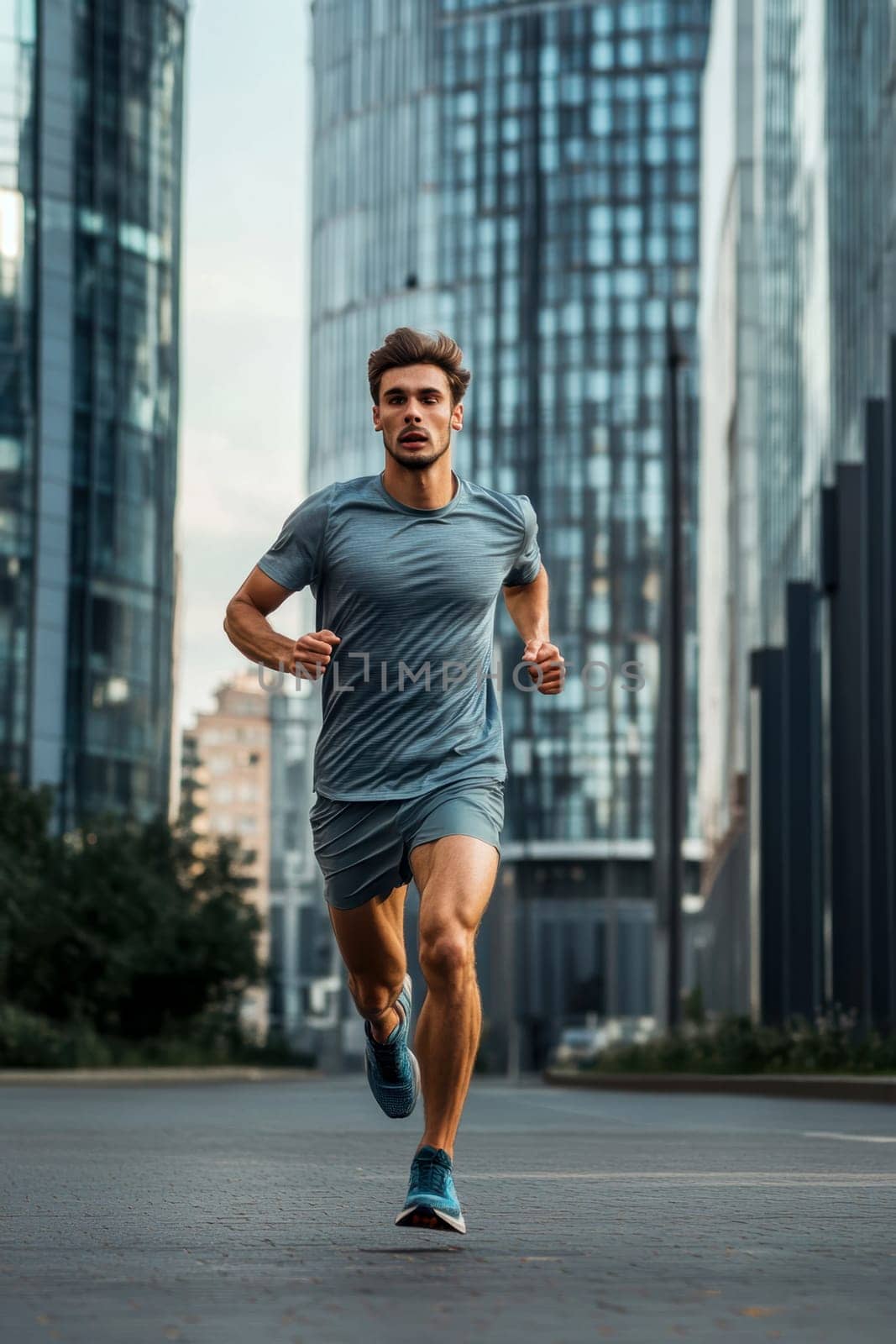 male athlete runs in the city. AI generative.