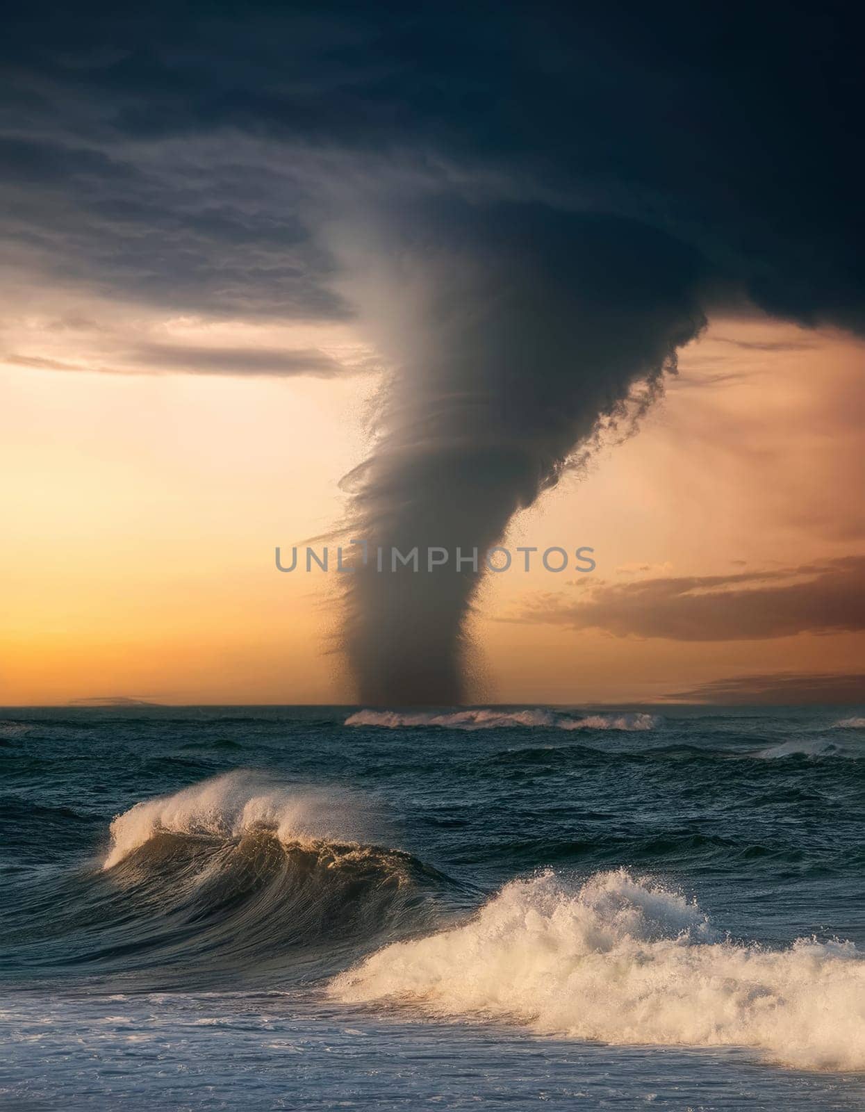 Dramatic tornado above the ocean during a thunderstorm creating big tsunami waves