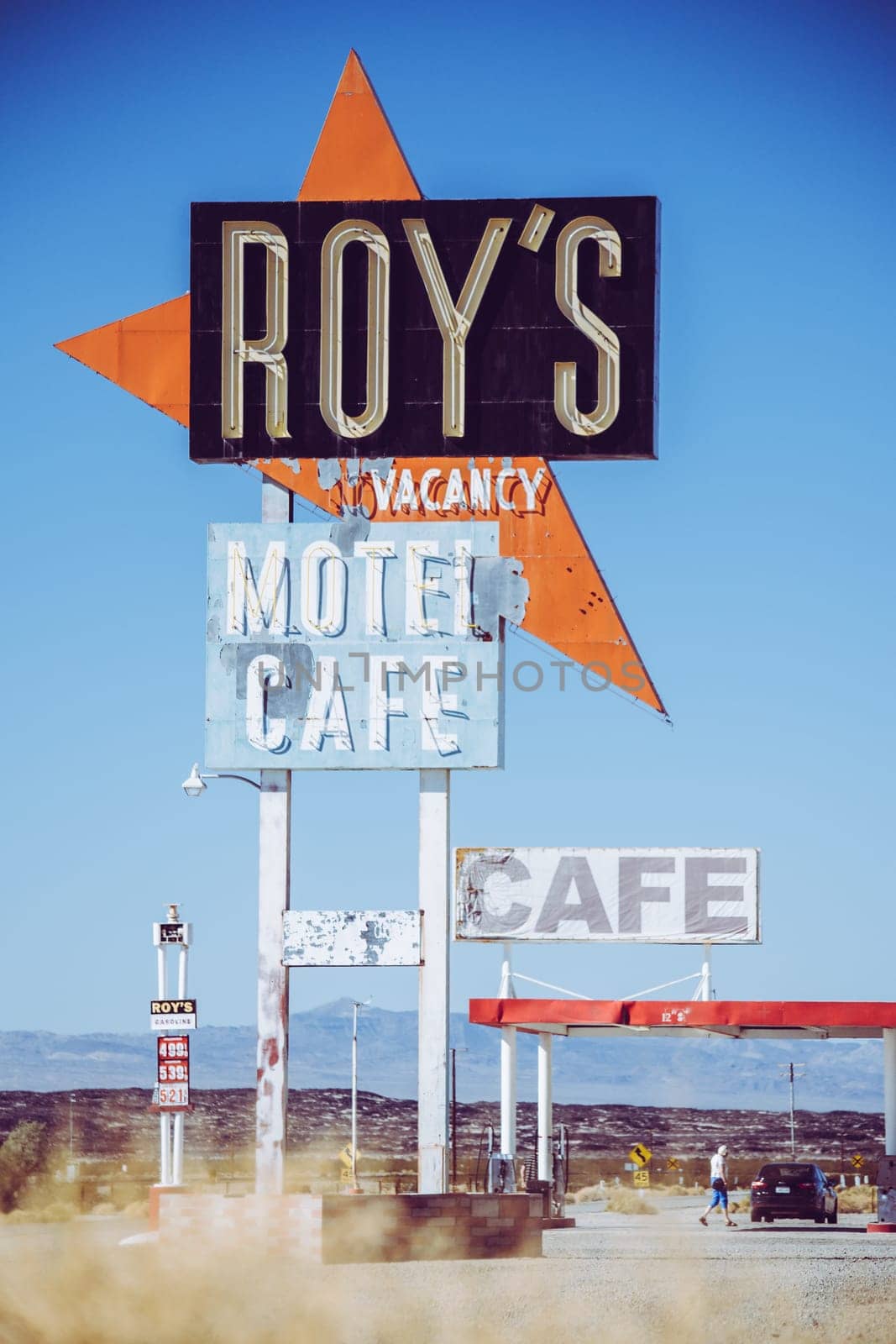 Amboy, California, November 2013: Famous Roy's café and gas station alongside classic Route 66