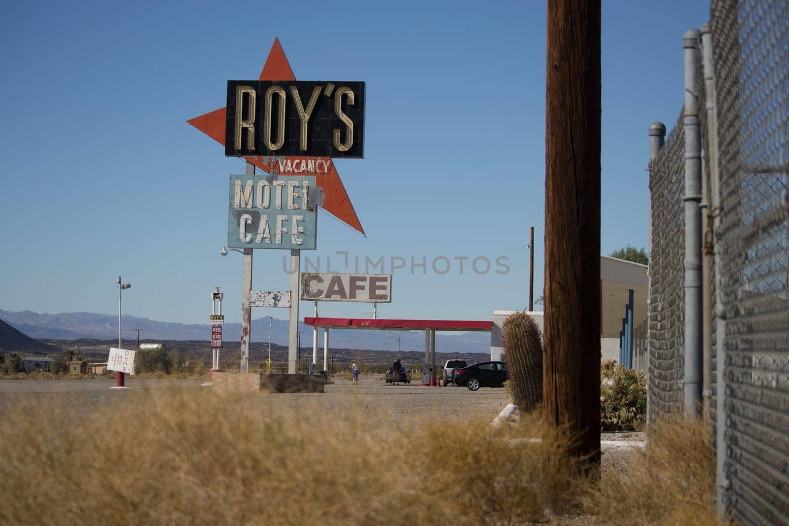 Amboy, California, November 2013: Famous Roy's café and gas station alongside classic Route 66