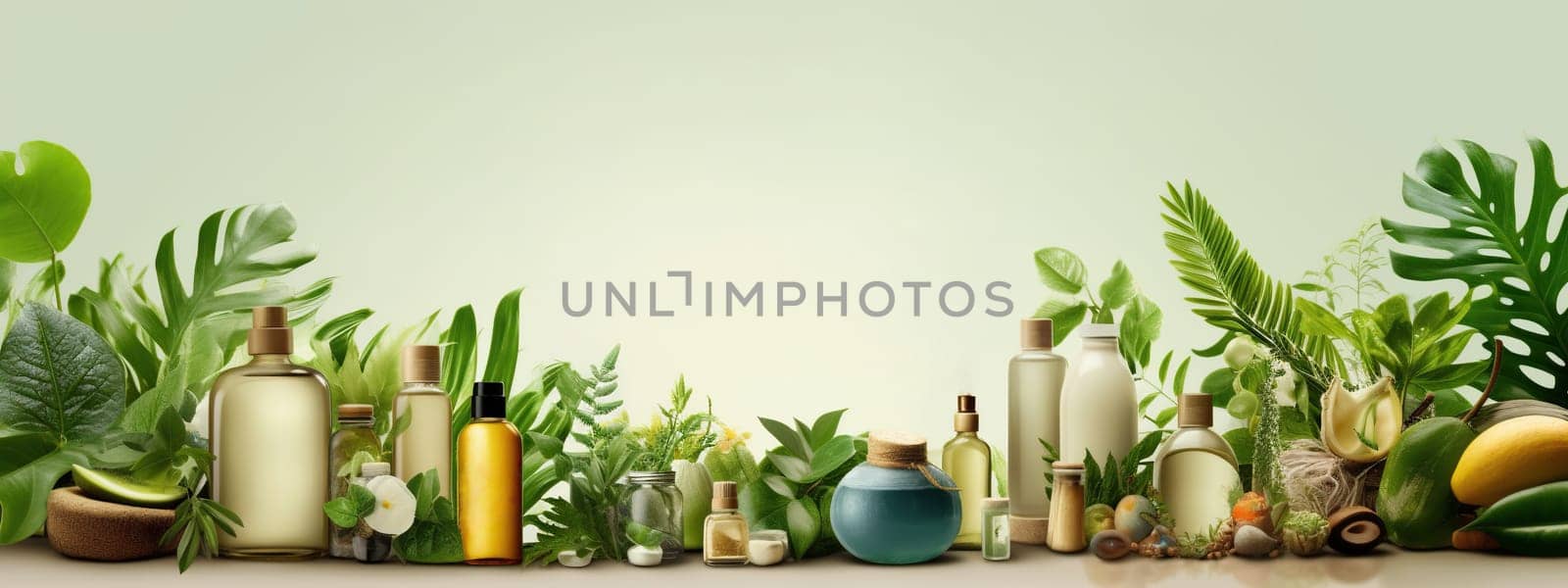 Natural skincare cosmetics bottles products with green plant banner background with copy space. Beauty and skin care herbal organic product deep hydration or soothing. AI Generative content