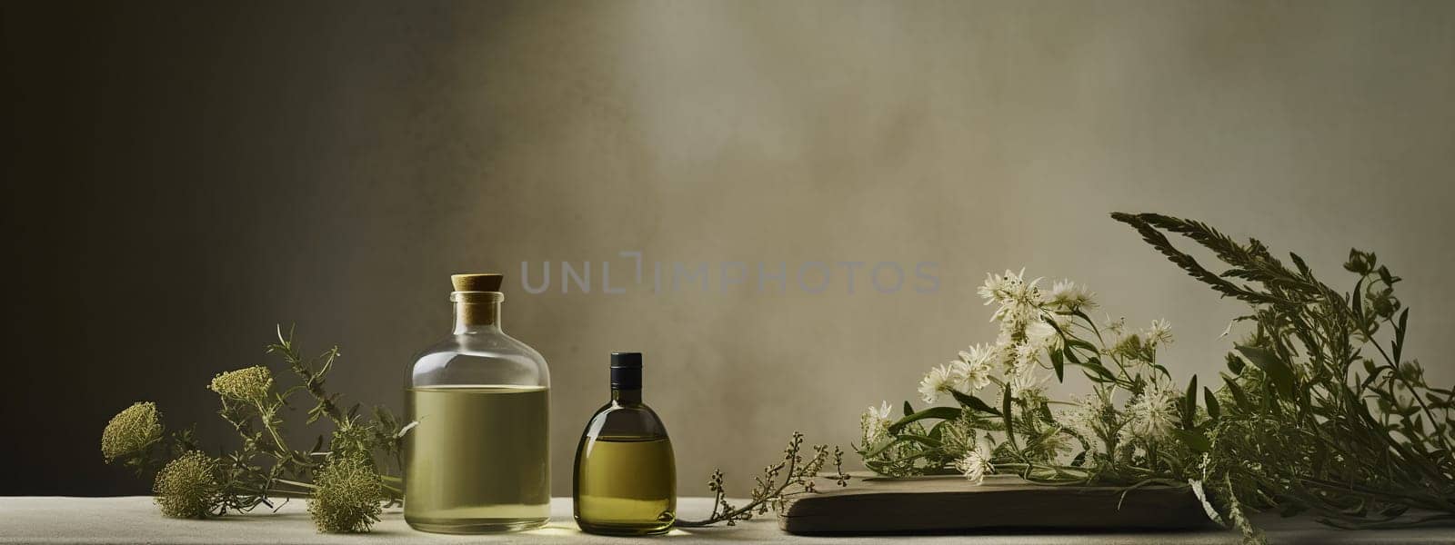 Natural skincare cosmetics bottles products with green plant banner background with copy space. Beauty and skin care herbal organic product deep hydration or soothing. AI Generative content