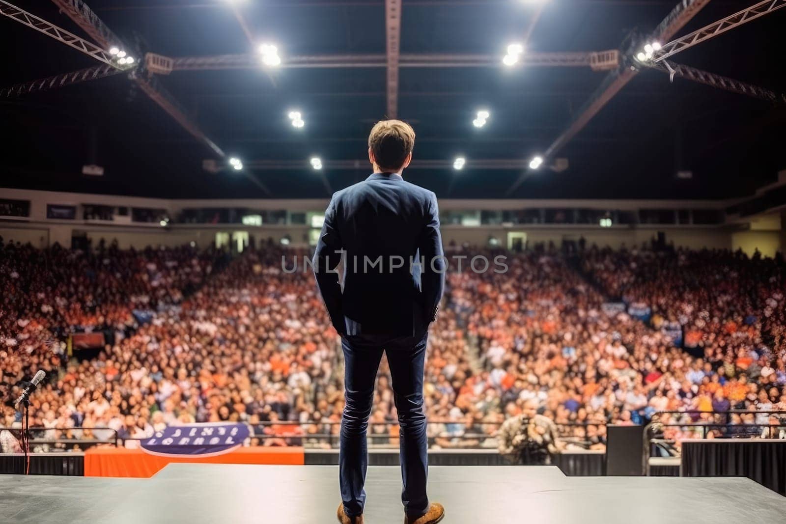 politician on stage .electoral campaign before the elections, back view.Generative AI