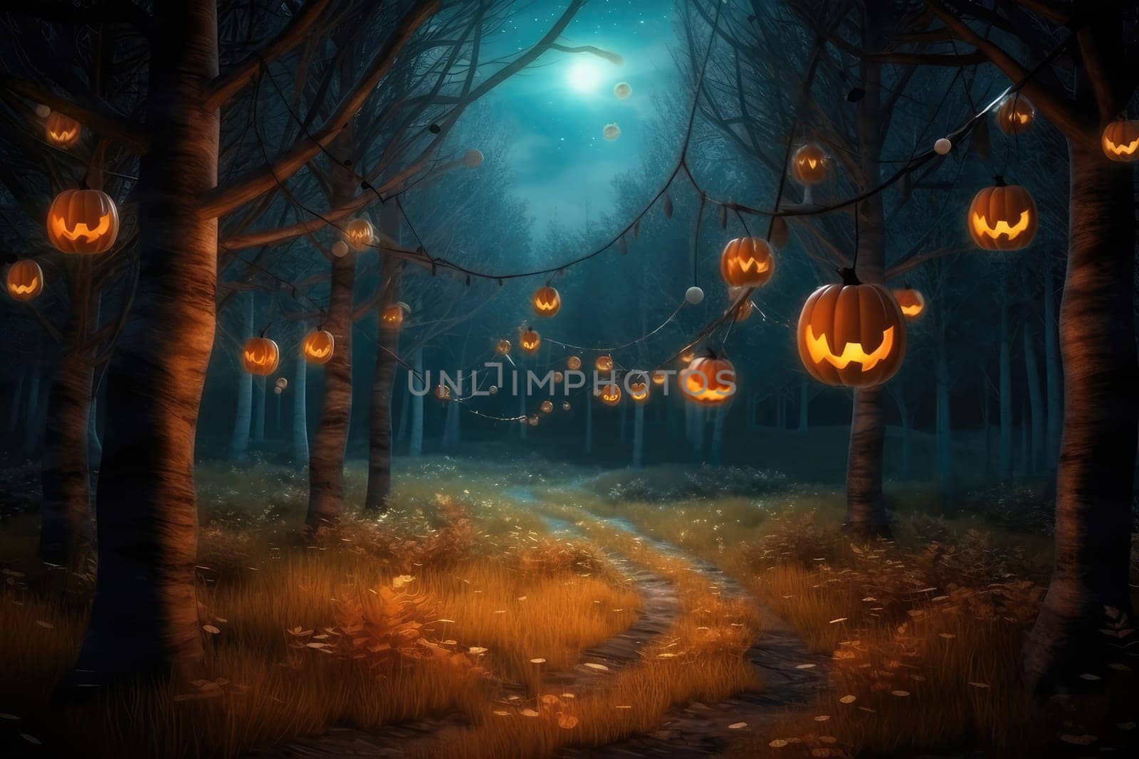 in the night forest, fireflies create a magical glow over pumpkins in the grass, Halloween. Generative AI