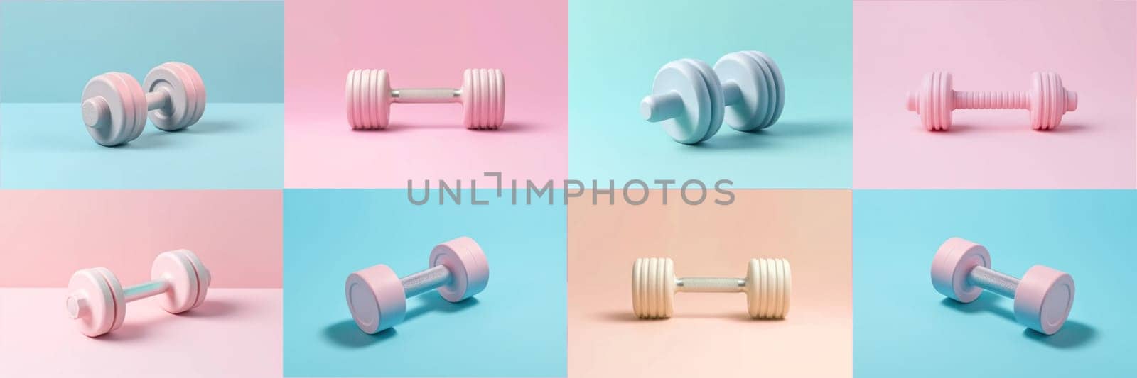 The concept of fitness and healthy sports. Pastel color dumbbell on pastel background.set or banner Generative AI