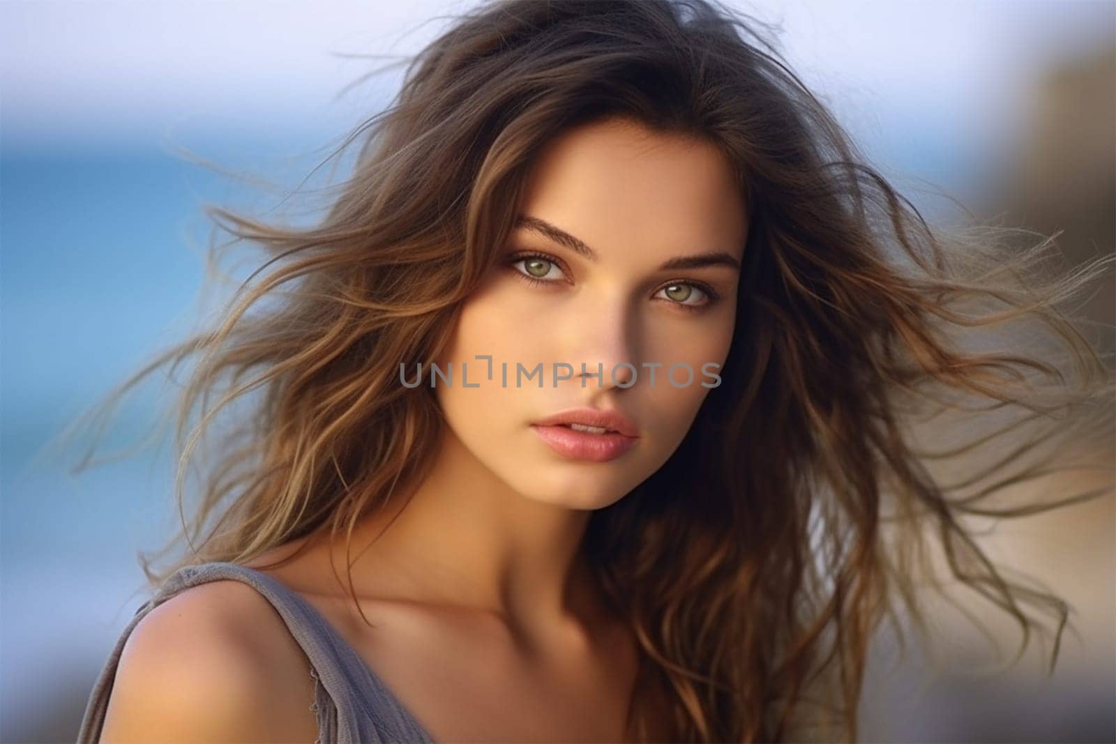 portrait of a young woman with curly hair against the backdrop of the sea. Sea and travel, hair care. Social networks for beauty salons. Generative AI