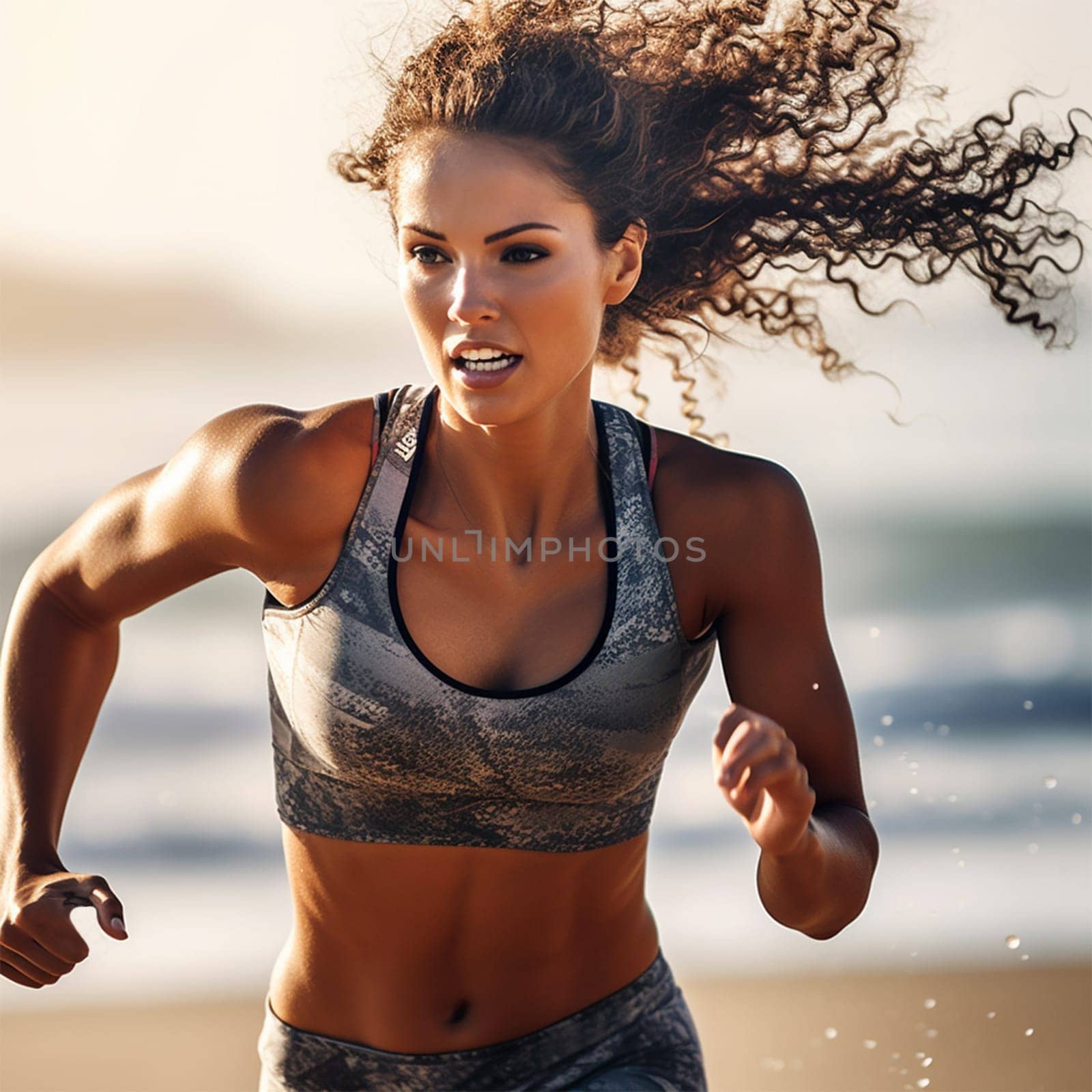 close-up athletic beautiful young woman runs along the beach, goes in for sports in sportswear.
