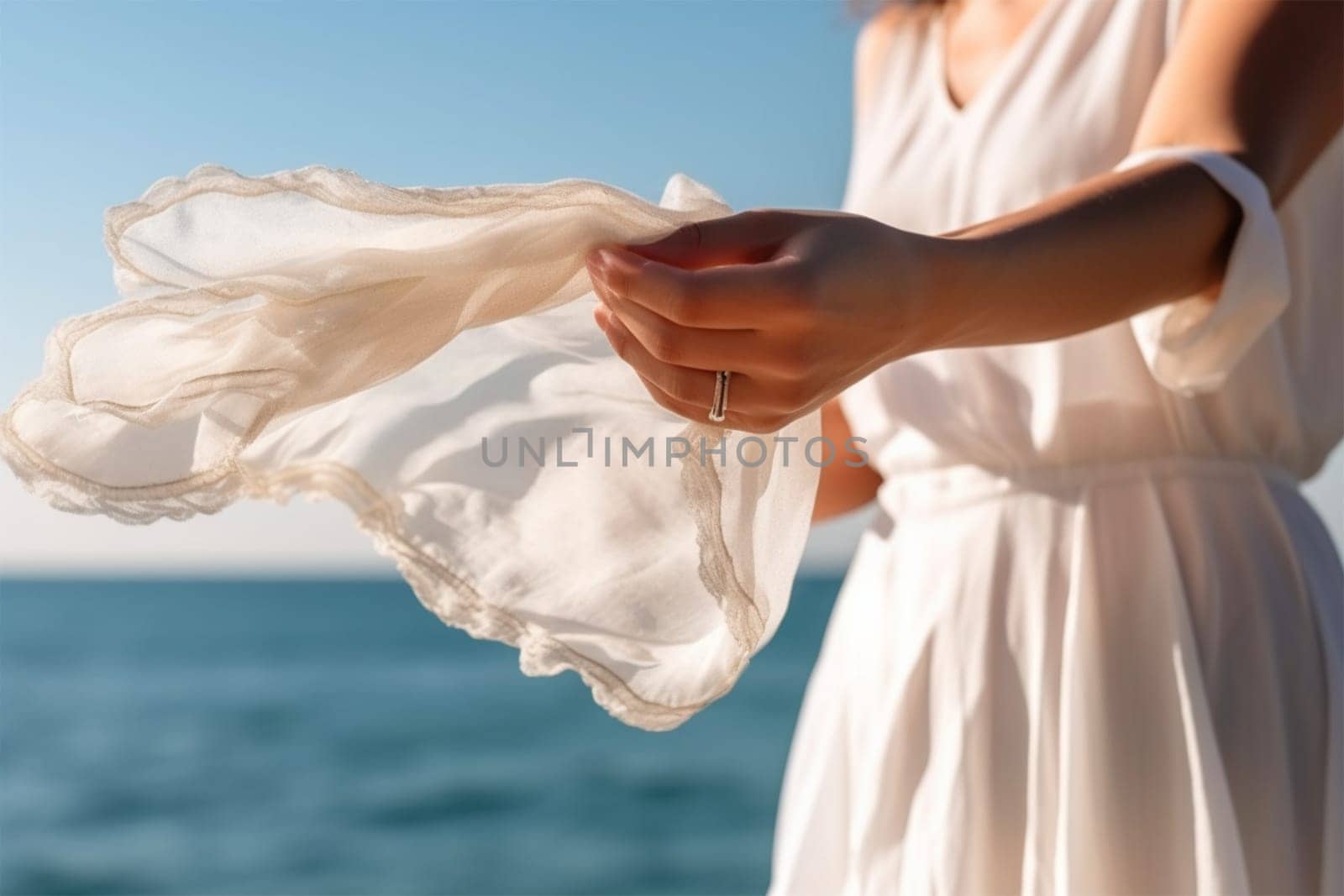 a woman's hand holds a light white transparent fabric fluttering in the wind against the backdrop of the sea on a sunny day