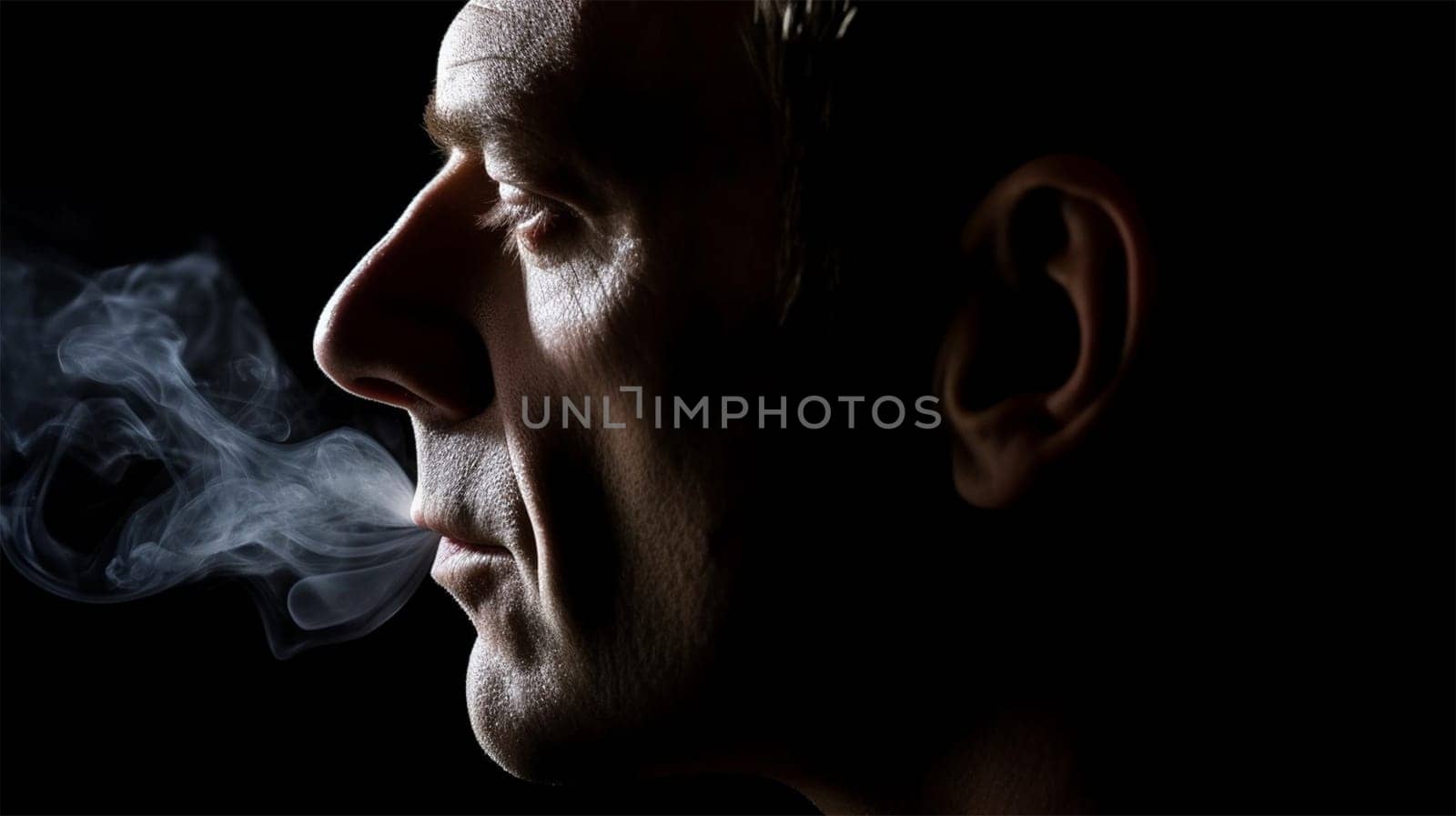 close-up portrait of a man exhaling cigarette smoke on a black background. Generative AI