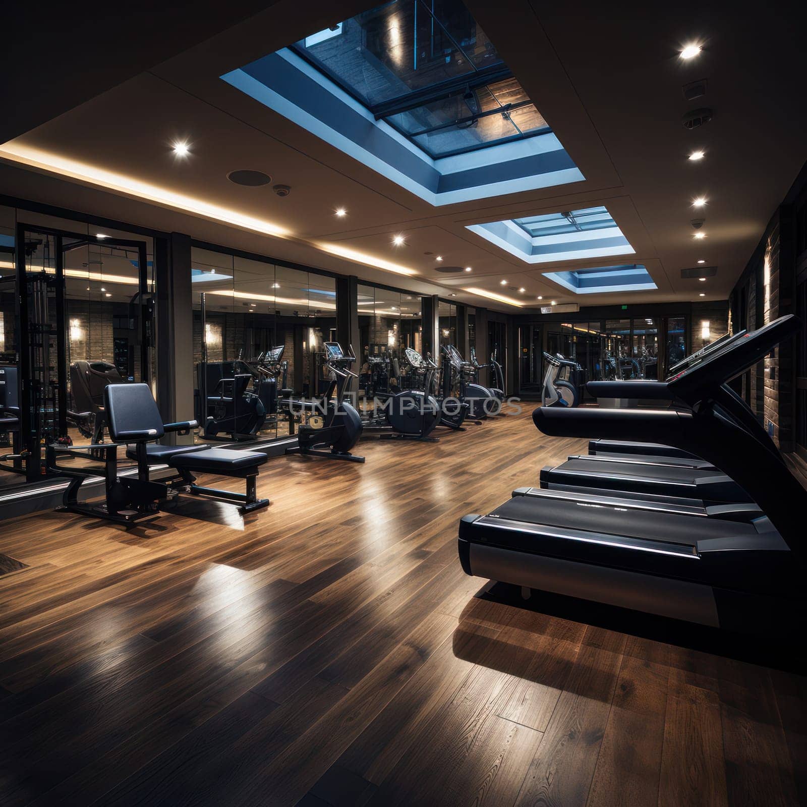 Modern gym with lots of equipment and no people. Dynamic lighting, metal fixtures and industrial themes.