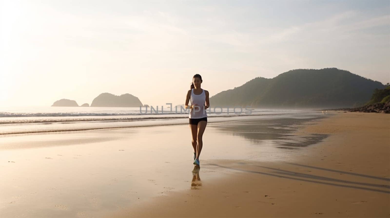 athletic beautiful young woman runs along the beach, goes in for sports in sportswear.