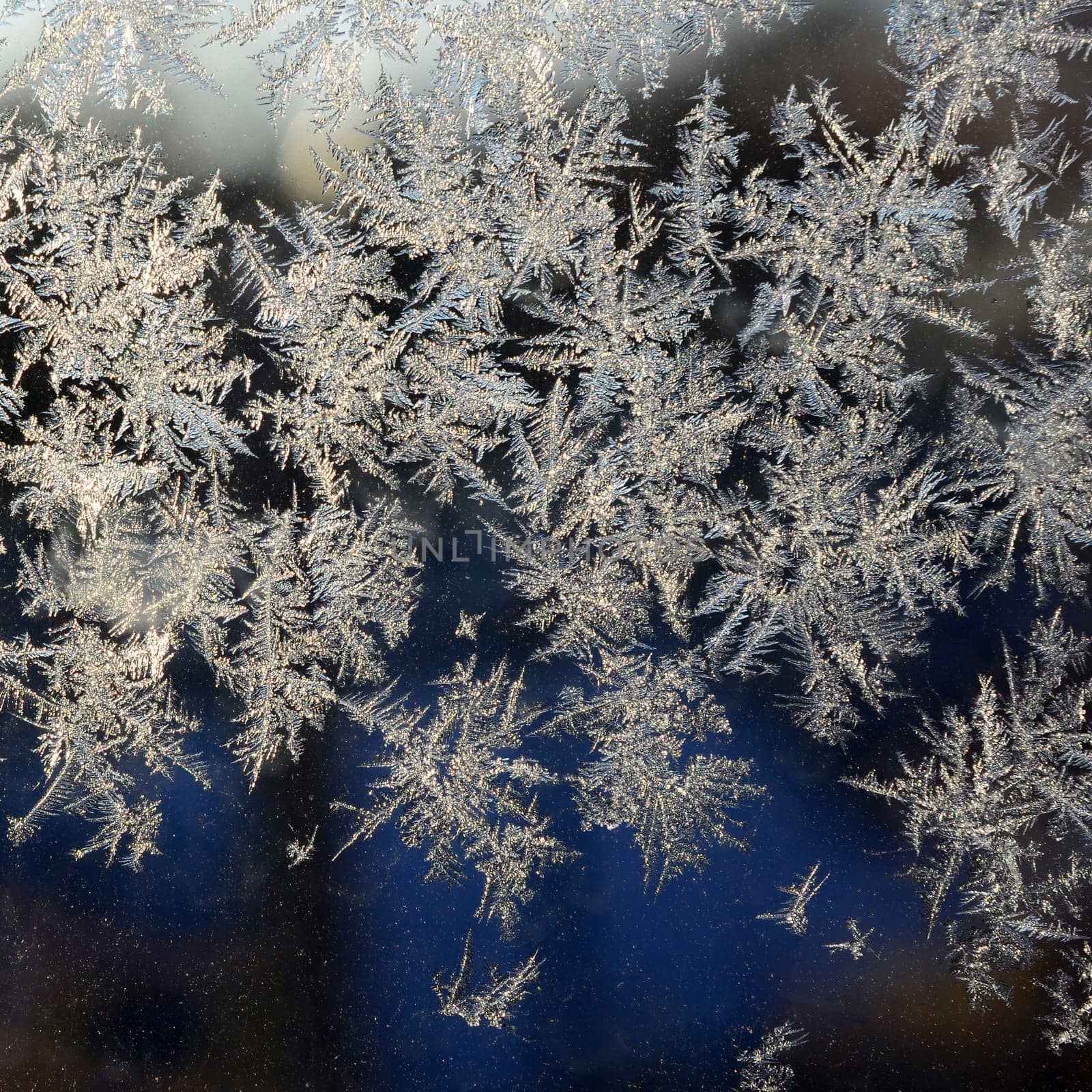 Snowflakes frost rime macro on window glass pane. Colorful ice on the window surface, natural background texture
