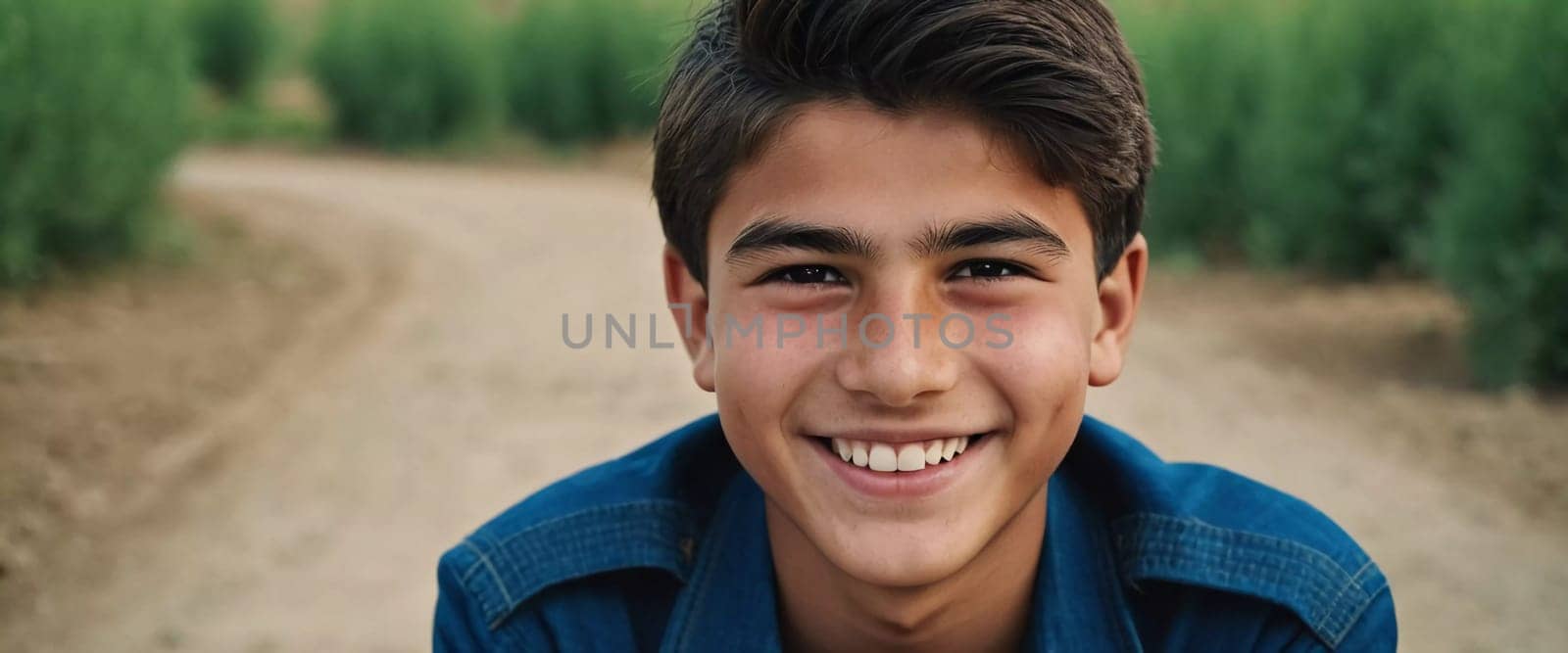 A joyful cute Tajik boy 18 years old beams with happiness as he stands in a picturesque landscape, surrounded by nature's beauty during warm, golden hour light. Happy smiling brunette boy. AI generate
