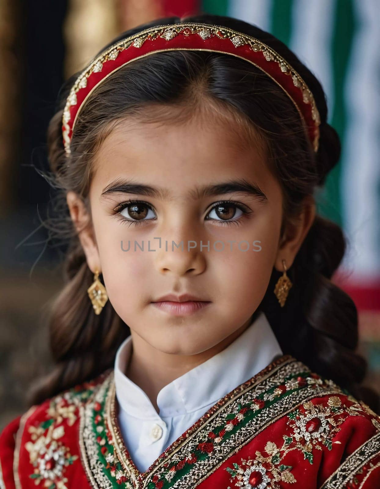 A young girl 5 years old of Tajik nationality stands outdoors, dressed in traditional attire. Her facial expression reflects curiosity and innocence. AI generated.