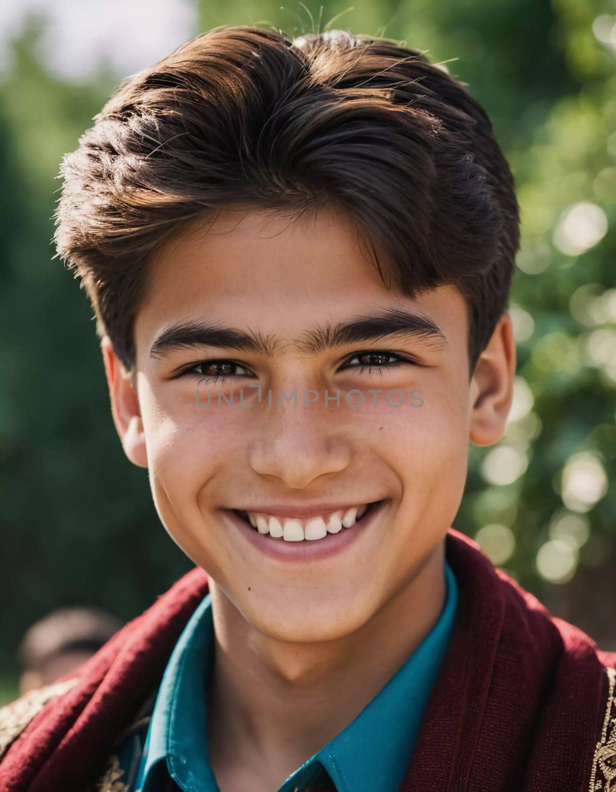A joyful cute Tajik boy 18 years old beams with happiness as he stands in a picturesque landscape, surrounded by nature's beauty during warm, golden hour light. Happy smiling brunette boy. AI generate