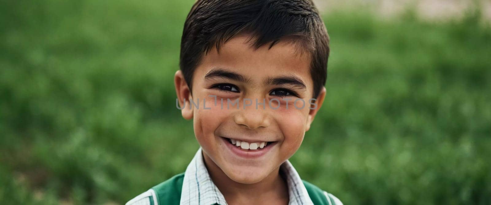 A smiling Tajik boy 5 years old beams with happiness, enjoying the beauty of a sunny day outdoors. His cheerful expression reflects moment of pure joy and innocence. Happy smiling child. AI generated.