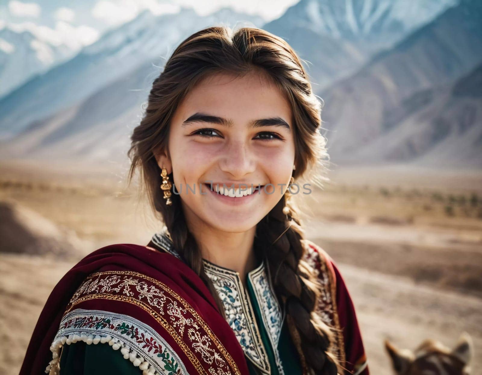 A young beautiful Tajik girl 18 years old beams with joy, reflecting her cultural heritage. The sunlight accentuates her cheerful expression and traditional clothing. Generated by AI.