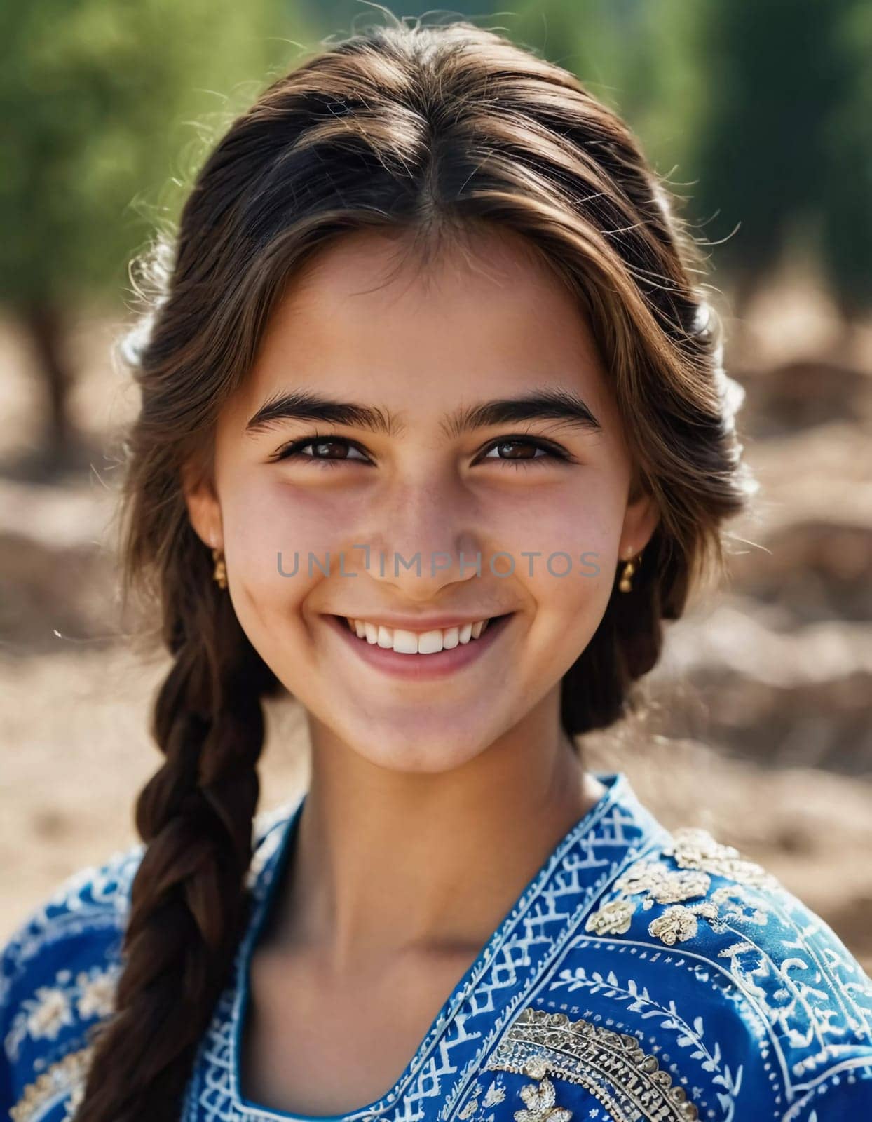 A young Tajik girl 18 years old beams with joy surrounded by lush greenery reflecting her cultural heritage. The sunlight accentuates her cheerful expression and traditional clothing. Generated by AI.