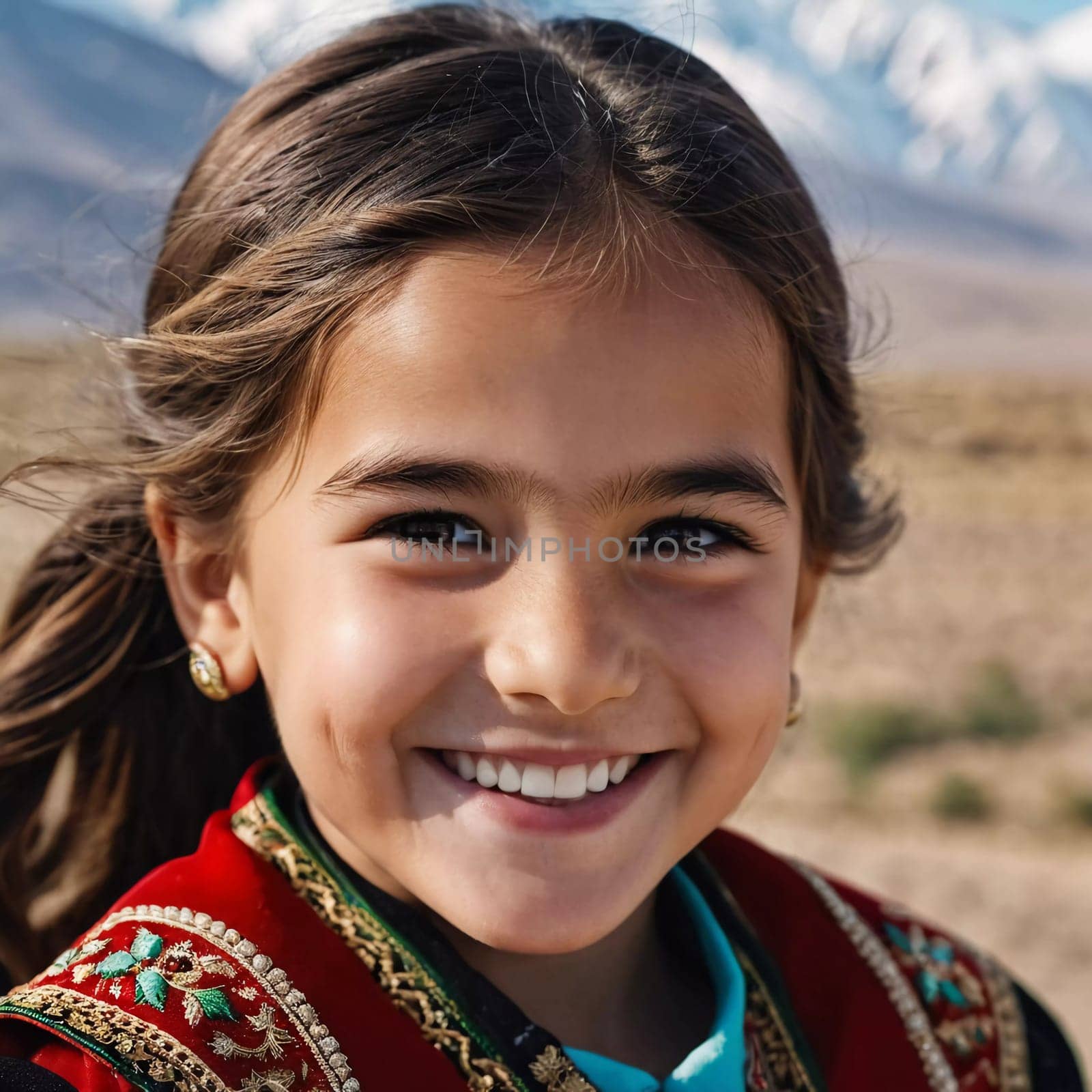 A young smiling girl 5 years old of Tajik nationality stands outdoors, dressed in traditional attire. AI generated