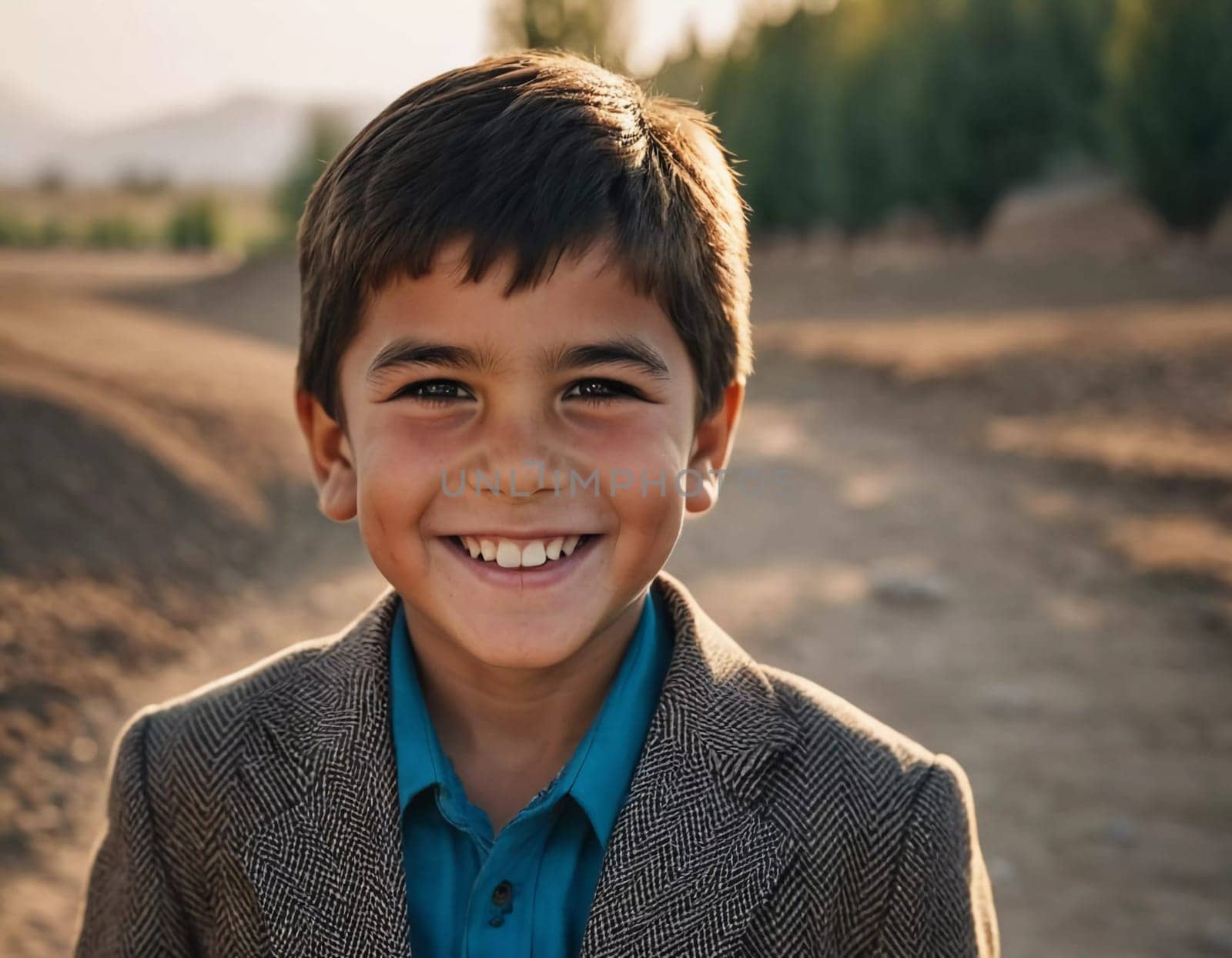 A smiling Tajik boy 5 years old beams with happiness, enjoying the beauty of a sunny day outdoors. His cheerful expression reflects moment of pure joy and innocence. Happy smiling child. AI generated.