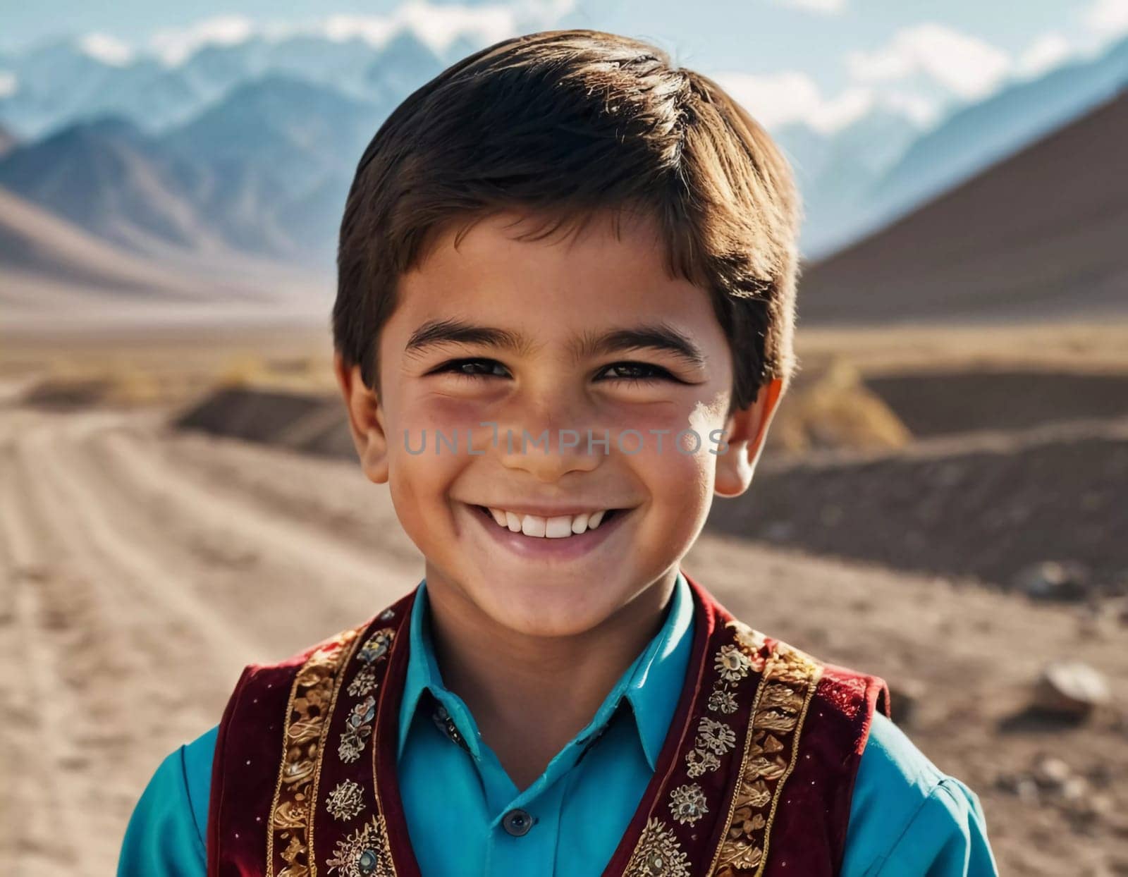 A smiling Tajik boy 5 years old beams with happiness, enjoying the beauty of a sunny day outdoors. His cheerful expression reflects moment of pure joy and innocence. Happy smiling child. AI generated.