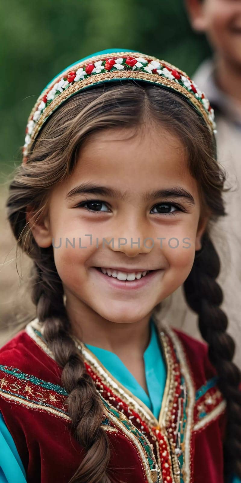 A young smiling girl 5 years old of Tajik nationality stands outdoors, dressed in traditional attire. AI generated