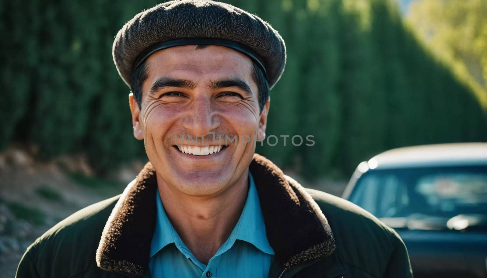 A joyful Tajik man 45 years old dressed in traditional clothing beams with a bright smile against a stunning backdrop, exuding warmth and happiness. A resident of Tajikistan. Generated by AI.