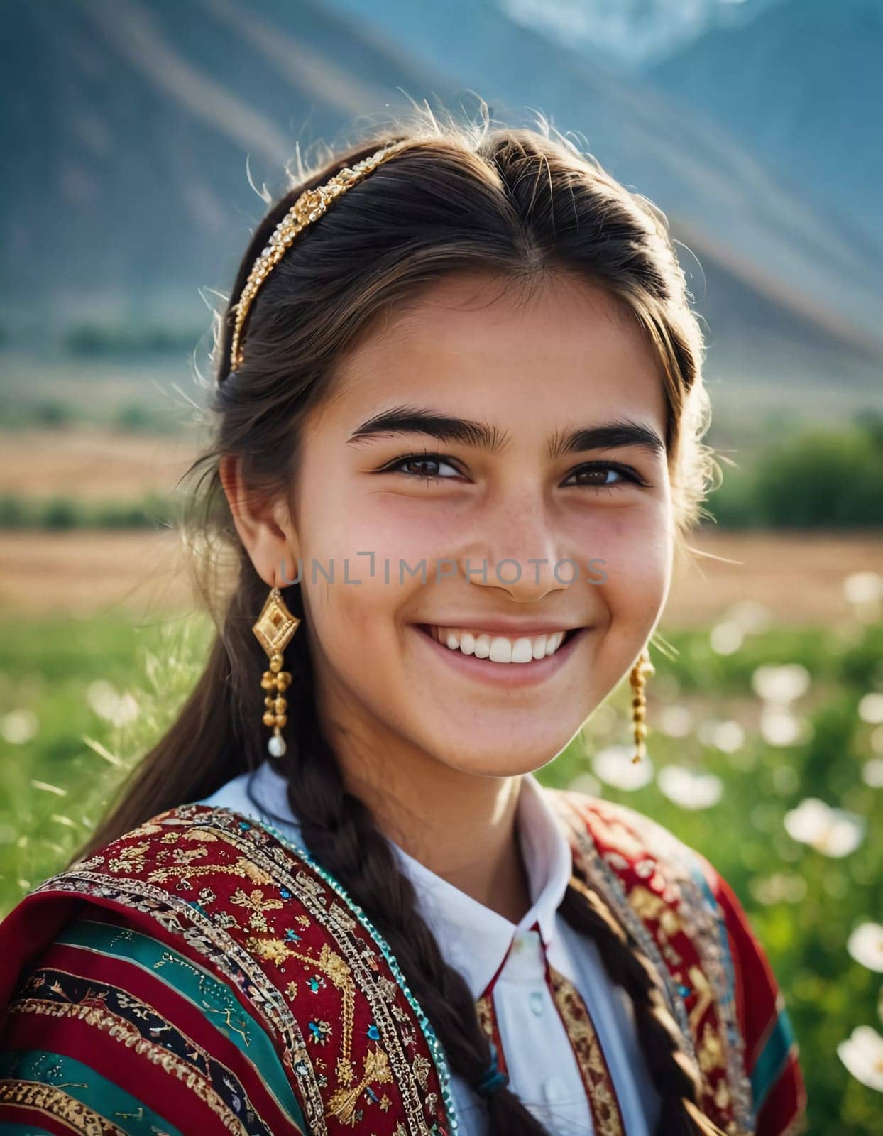 A young Tajik girl 18 years old beams with joy surrounded by lush greenery reflecting her cultural heritage. The sunlight accentuates her cheerful expression and traditional clothing. Generated by AI.