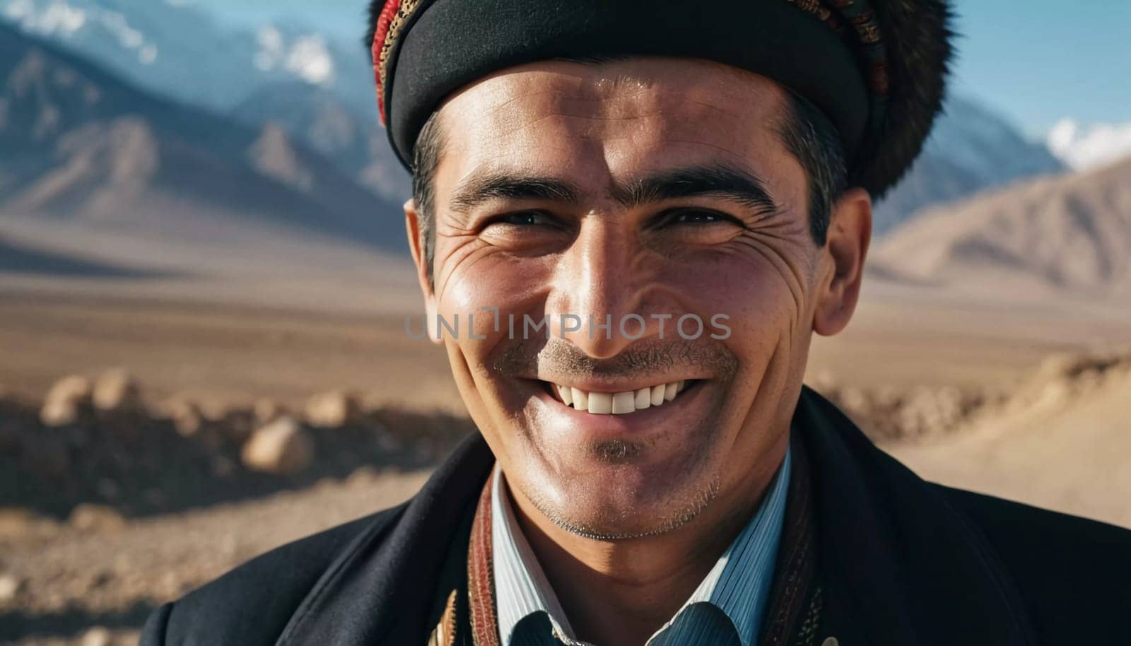 A joyful Tajik man 45 years old dressed in traditional clothing beams with a bright smile against a stunning backdrop, exuding warmth and happiness. A resident of Tajikistan. Generated by AI.