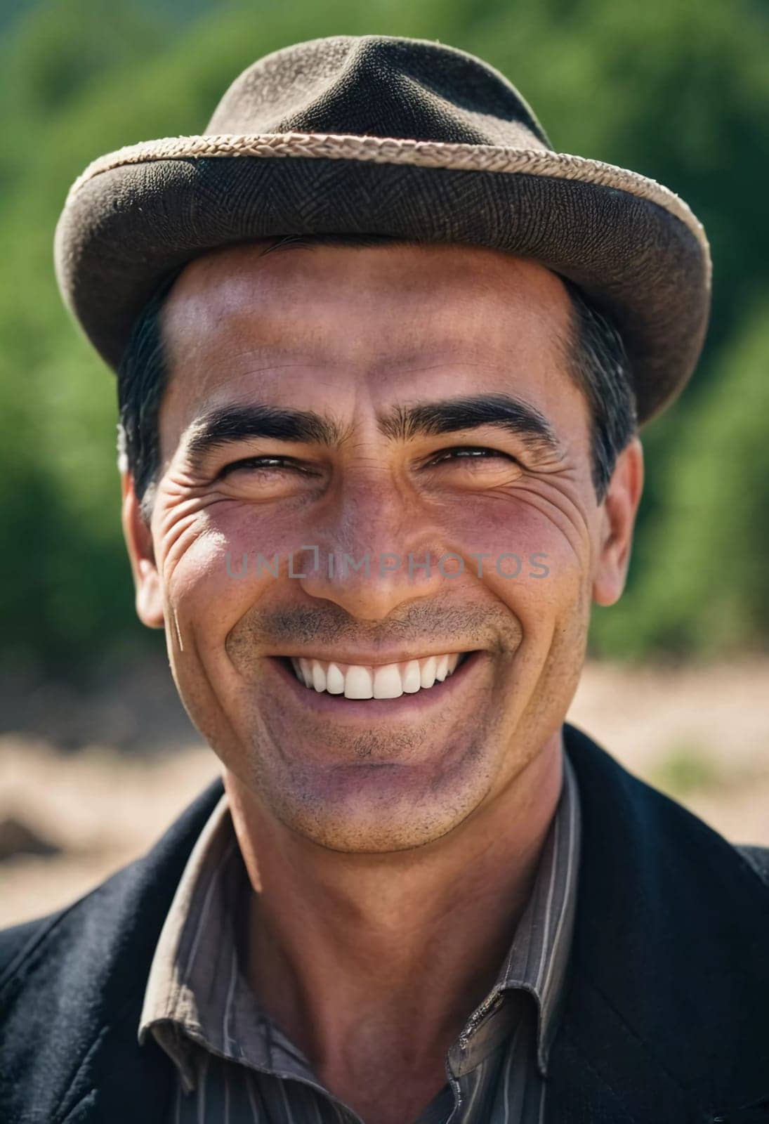 A joyful Tajik man 45 years old dressed in traditional clothing beams with a bright smile against a stunning backdrop, exuding warmth and happiness. A resident of Tajikistan. Generated by AI.