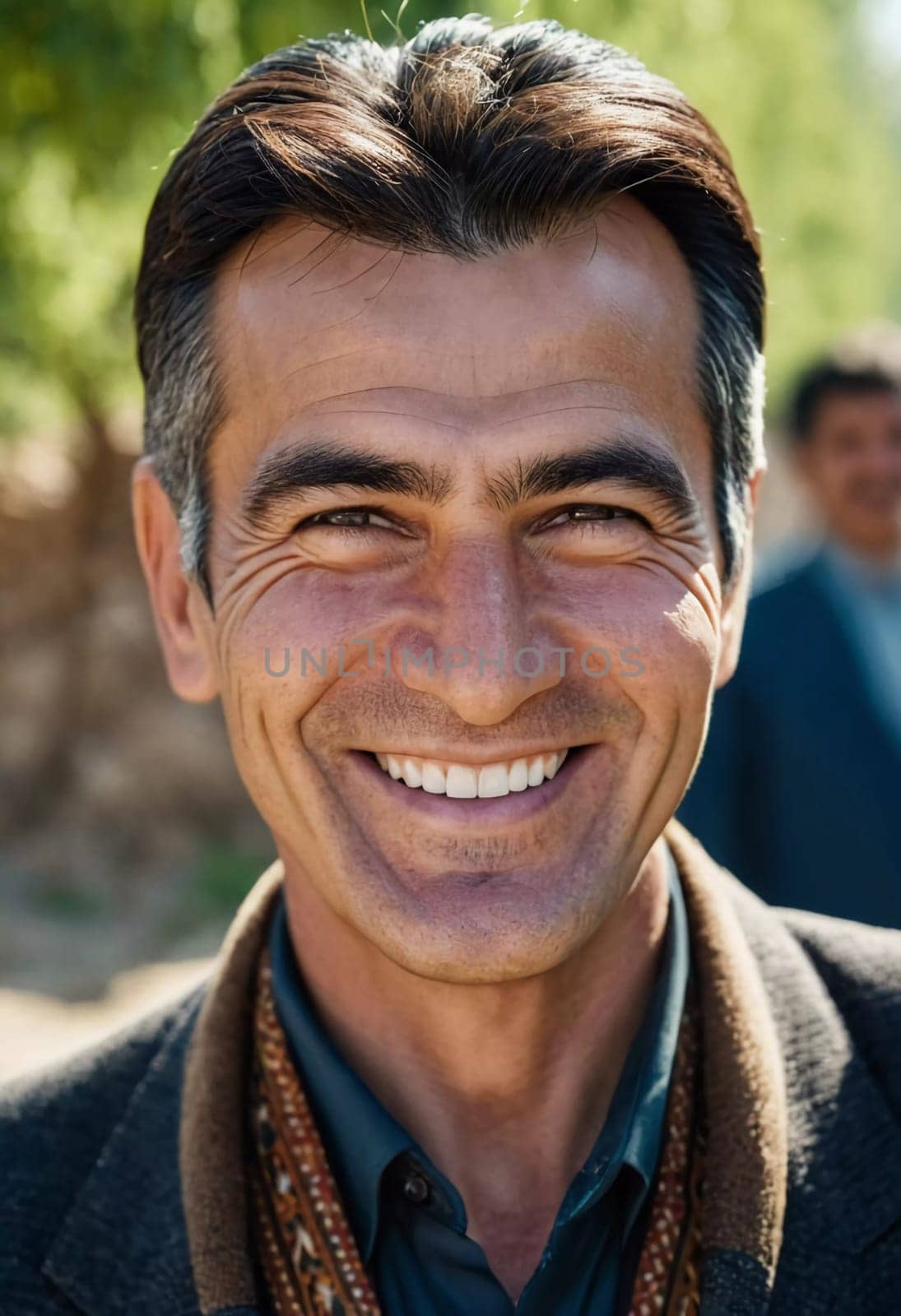 A joyful Tajik man 45 years old dressed in traditional clothing beams with a bright smile against a stunning backdrop, exuding warmth and happiness. A resident of Tajikistan. Generated by AI.