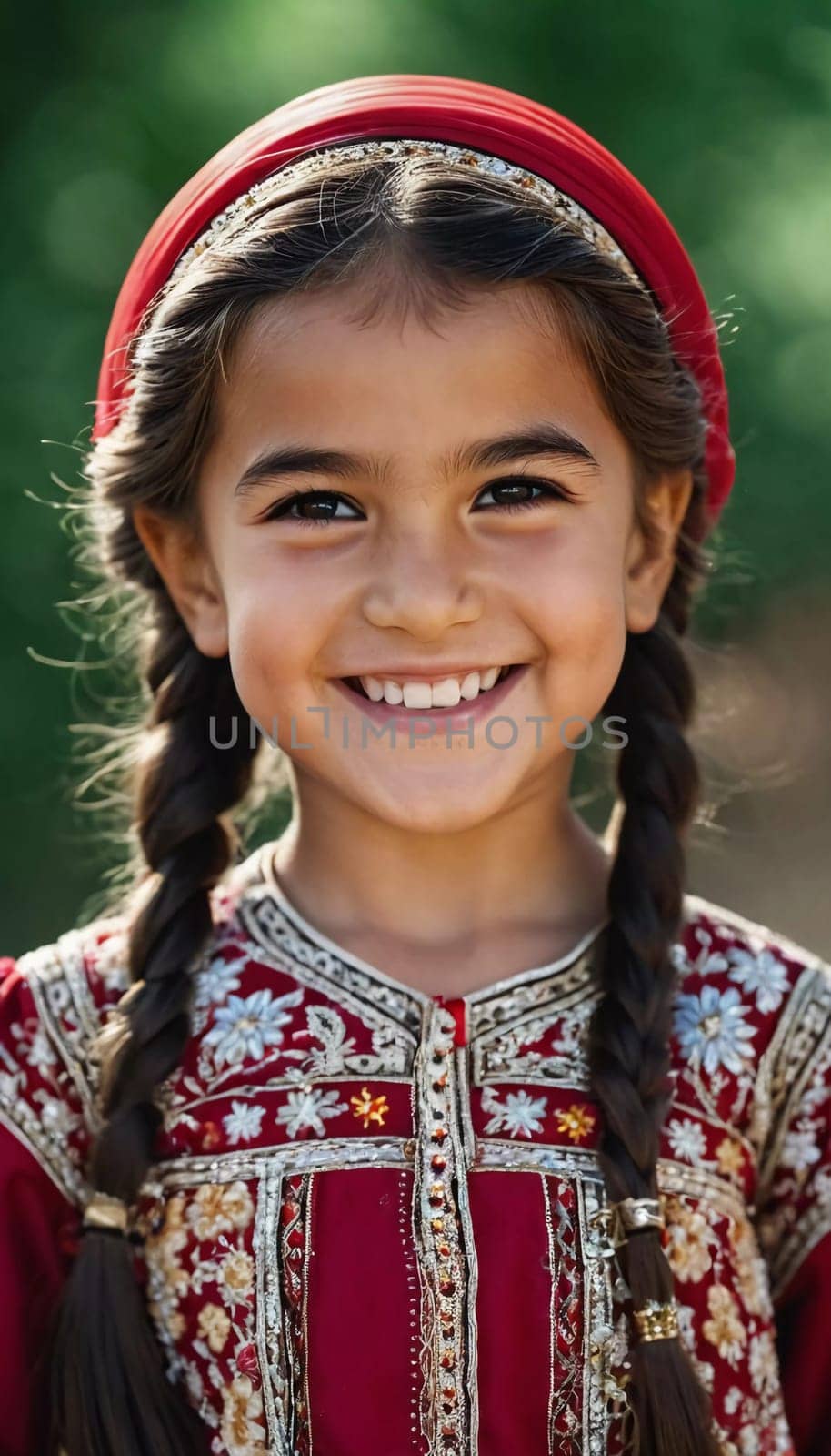 A young smiling girl 5 years old of Tajik nationality stands outdoors, dressed in traditional attire. AI generated