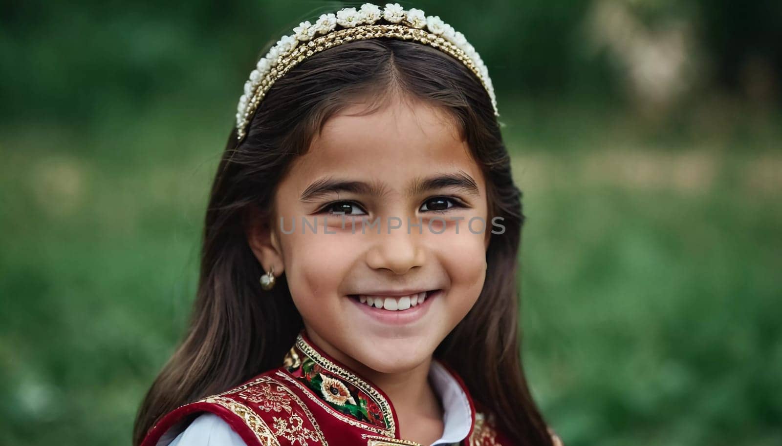 A young smiling girl 5 years old of Tajik nationality stands outdoors, dressed in traditional attire. AI generated
