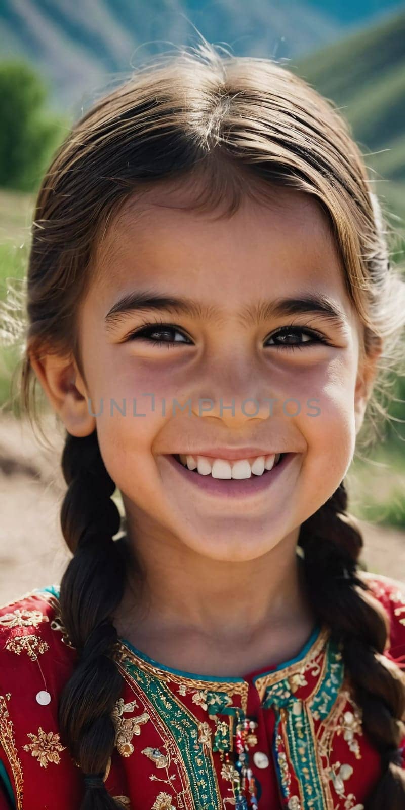 A young smiling girl 5 years old of Tajik nationality stands outdoors, dressed in traditional attire. AI generated