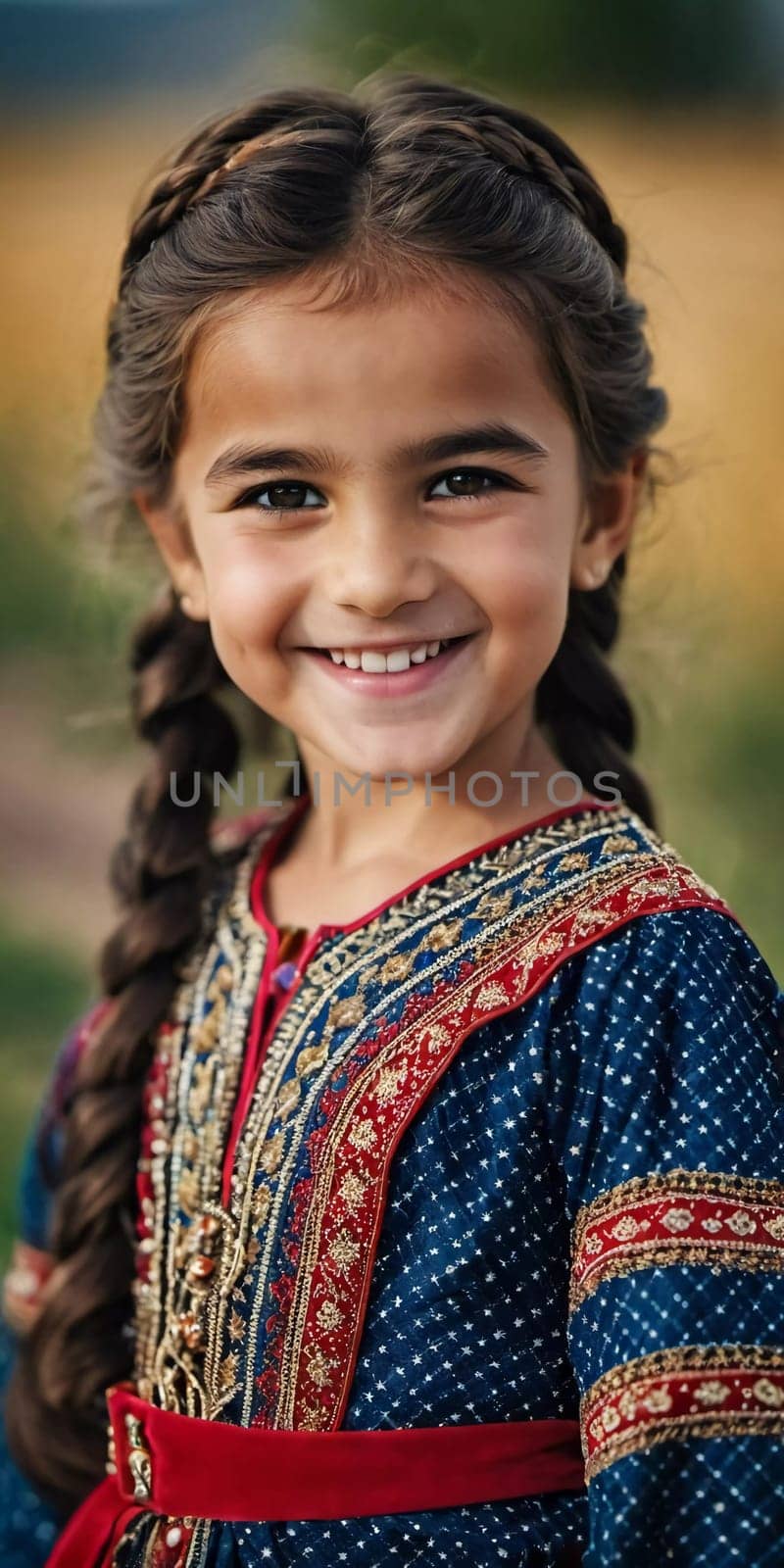 A young smiling girl 5 years old of Tajik nationality stands outdoors, dressed in traditional attire. AI generated