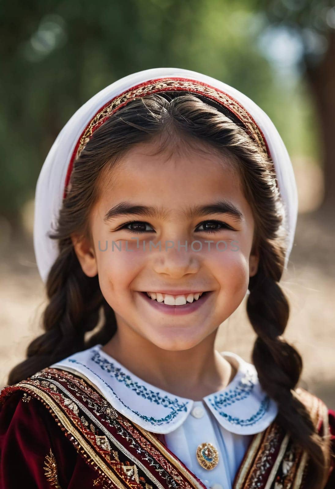 A young smiling girl 5 years old of Tajik nationality stands outdoors, dressed in traditional attire. AI generated